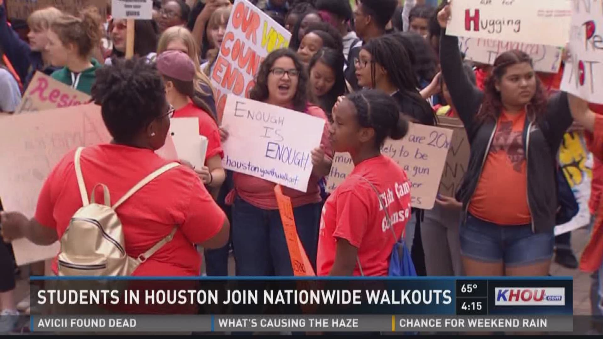 Students protested peacefully in Houston on Friday calling for more gun control in the wake of recent school shootings and to honor the anniversary of the Columbine shooting.