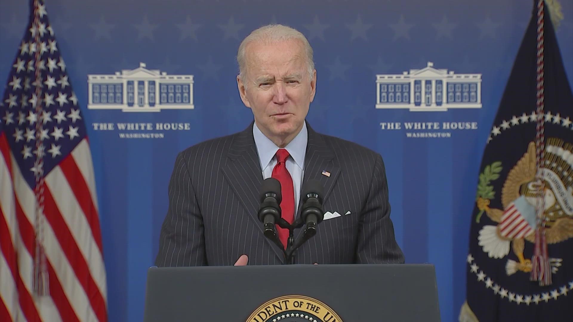 Biden said from the White House that it will take time, "but before long you should see the price of gas drop where you fill up your tank.”