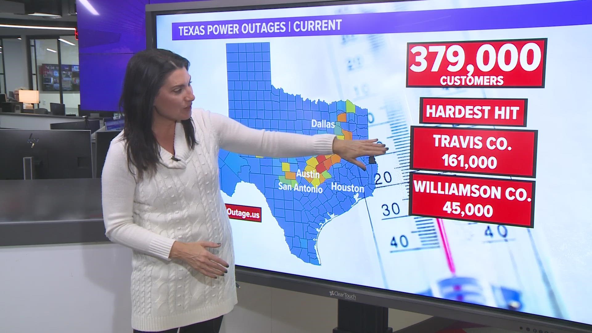 About 400,000 customers were without power Thursday (Feb. 2) due to severe winter weather. The hardest hit areas were in the Austin area.