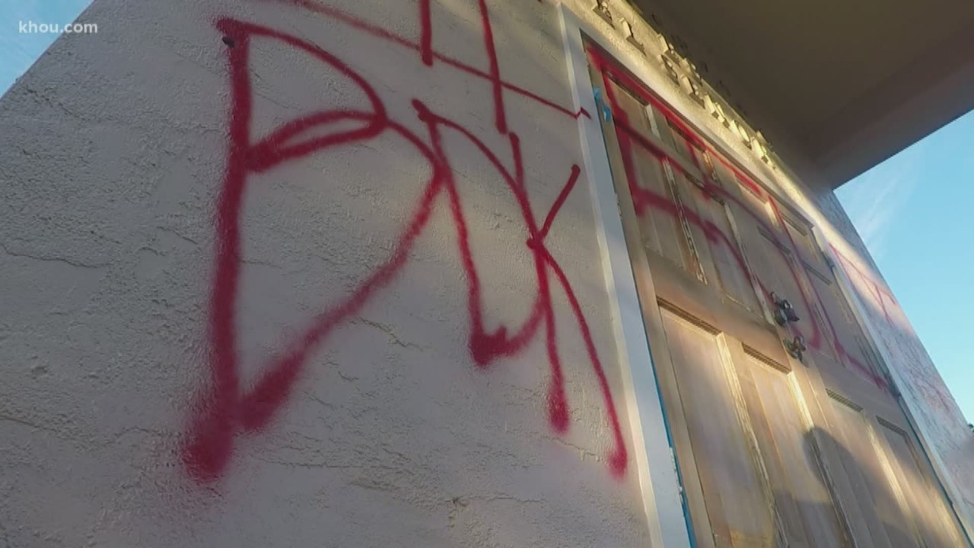 Vandals desecrated two Alvin churches with spray paint. Police are trying to find who did it.