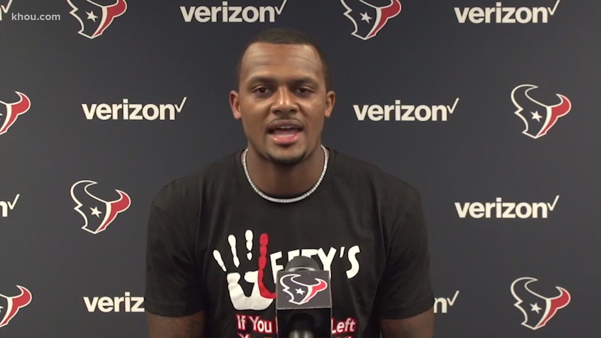 Texans quarterback Deshaun Watson got emotional during his news conference while talking about his family and supporters after signing a massive contract extension.