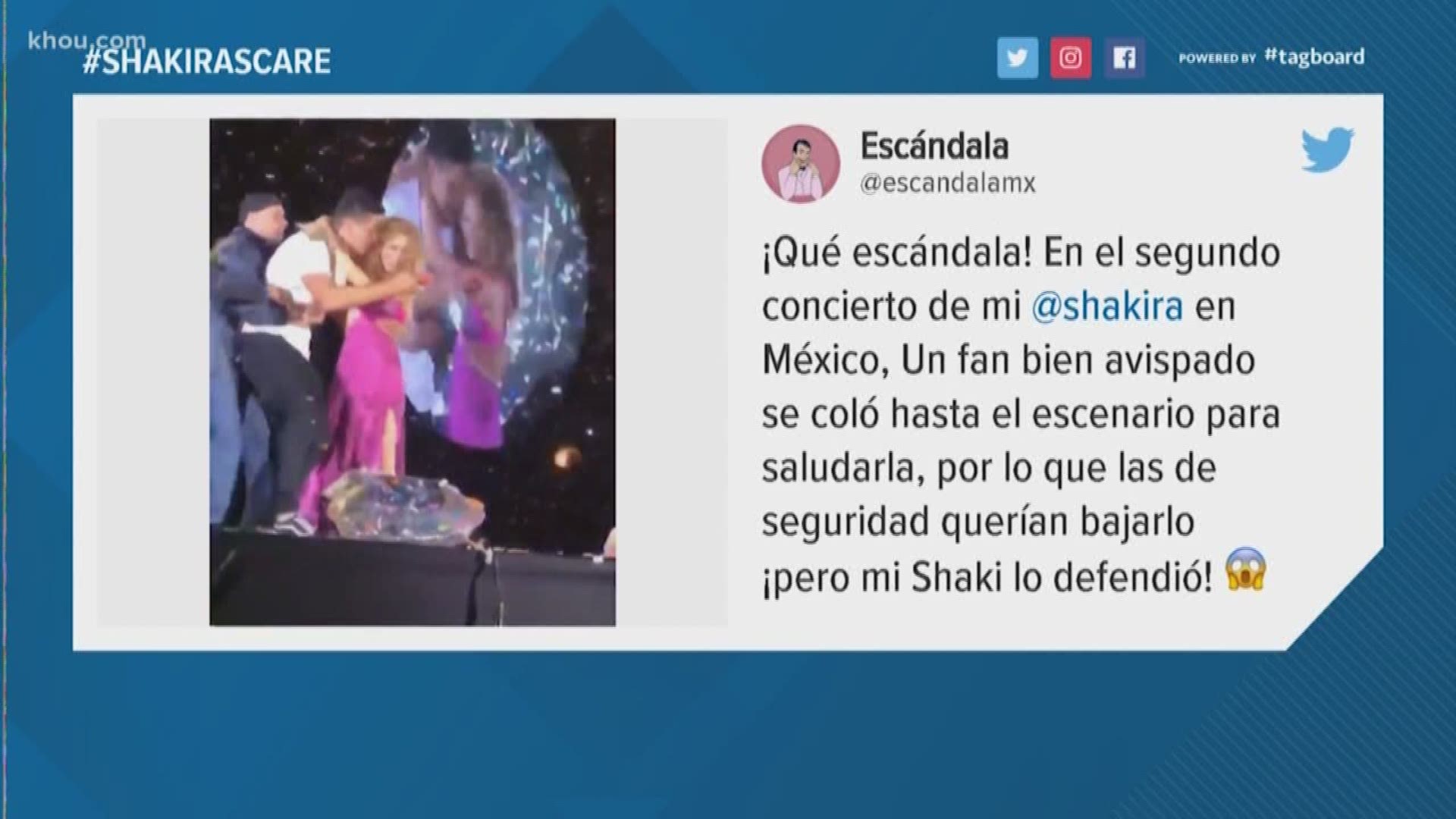 Shakira was in good spirits during her performance in Mexico. A fan jumped on stage to take a picture with her and Shakira was okay with it. 