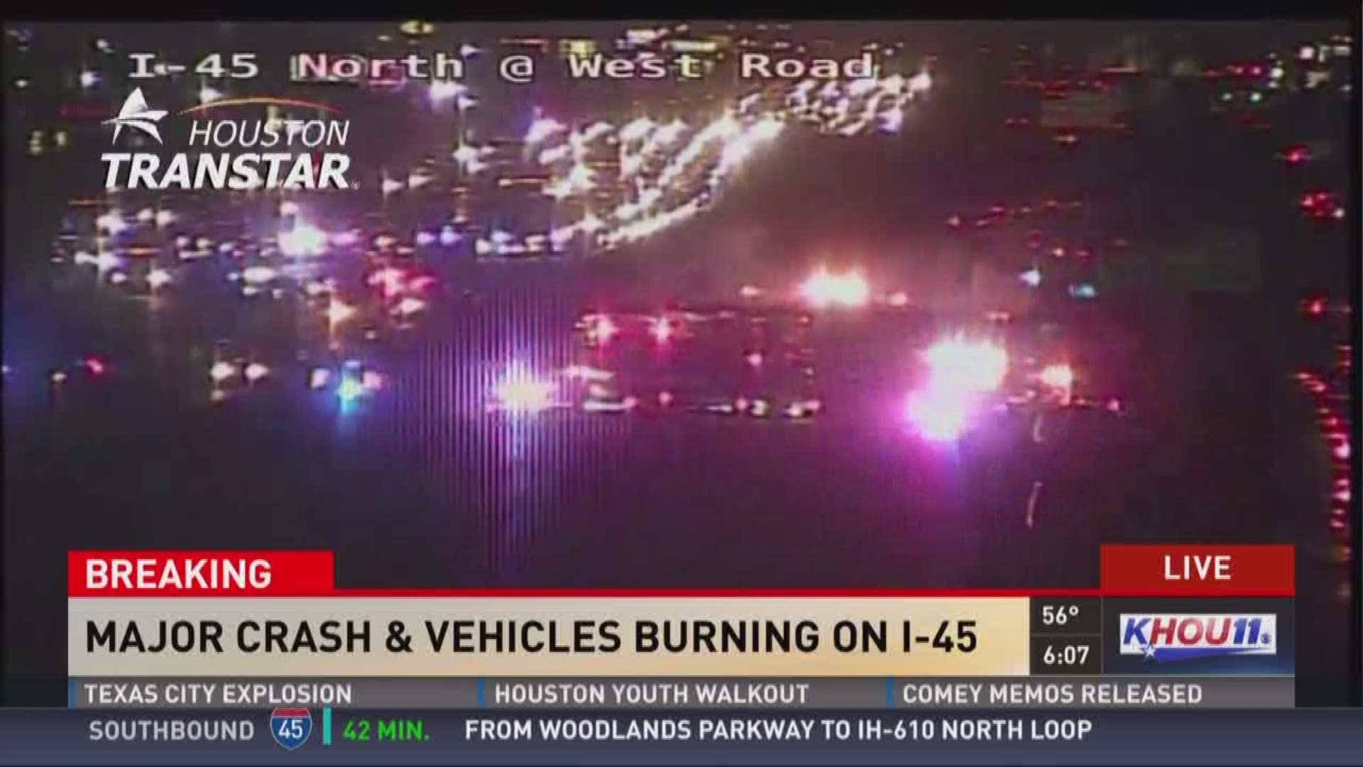 An 18-wheeler crash on the southbound lanes of Interstate 45 has caused a massive fire with multiple traffic lanes shutting down.