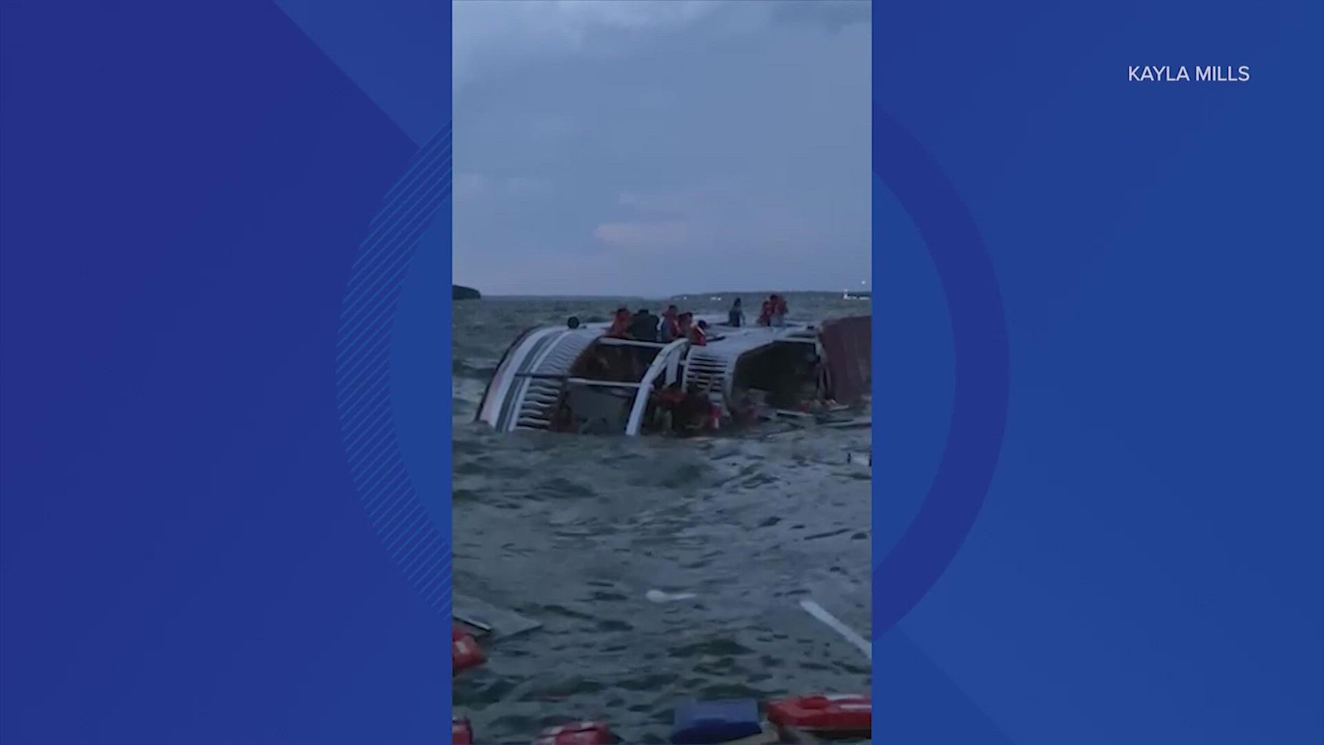 A passenger died at the hospital after he and dozens of others were rescued from a capsized party boat Saturday night on Lake Conroe.