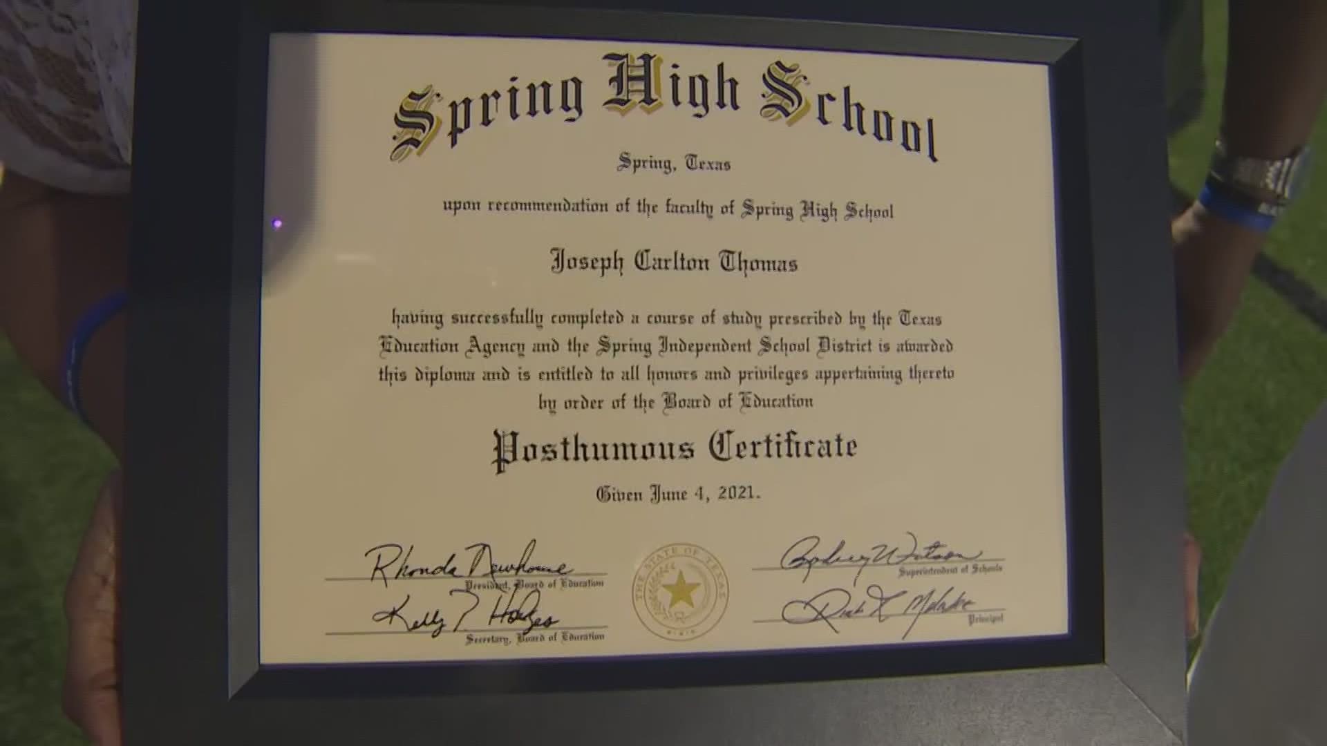 Two years after his death, Joseph Thomas' family walked across the stage to receive his diploma at Spring High School's graduation for the class of 2021.