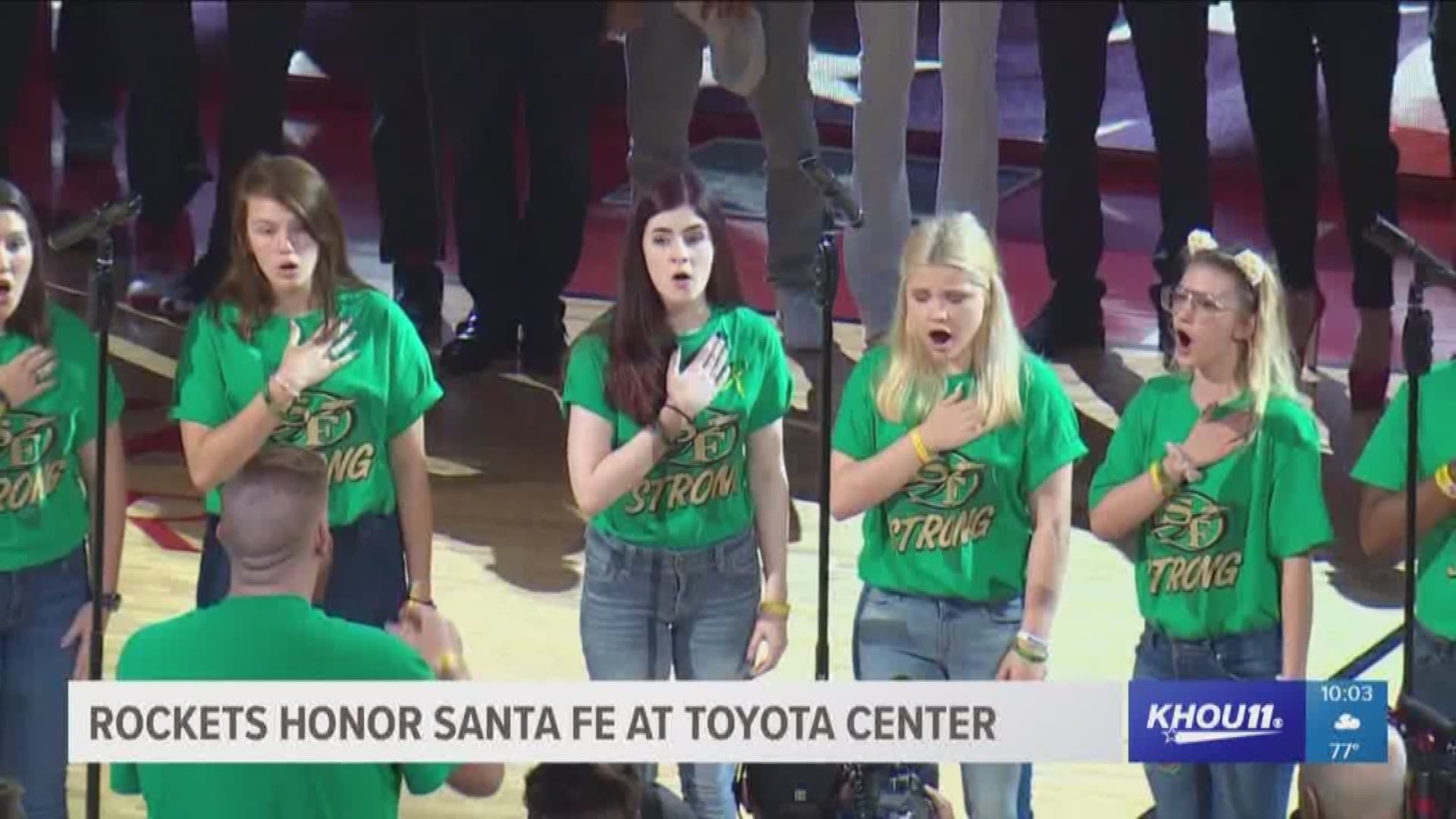 Santa Fe High School shooting victims were honored before Game 5 of the Western Conference Finals at the Toyota Center.
