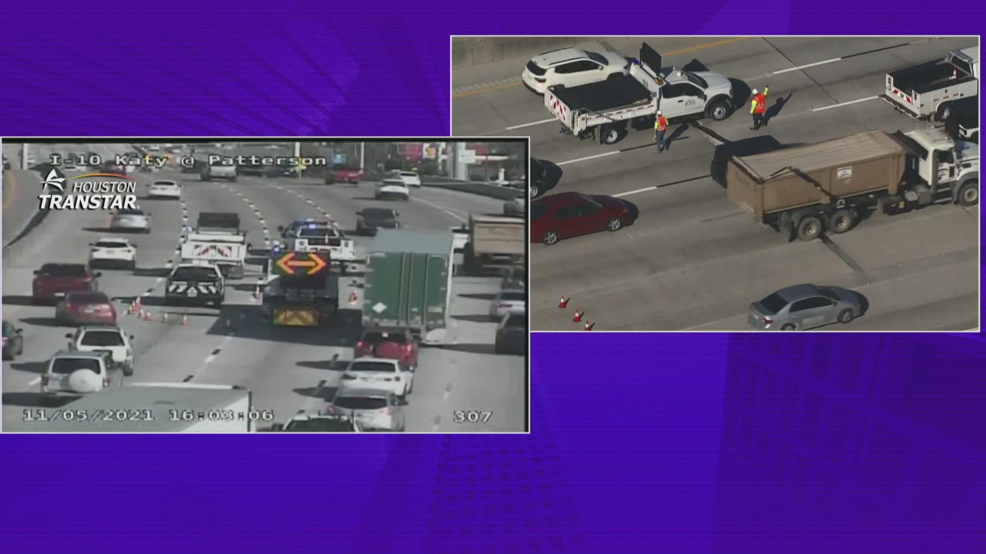 Two eastbound lanes of the Katy Freeway/I-10 near Patterson Street were closed Friday due to roadway damage.