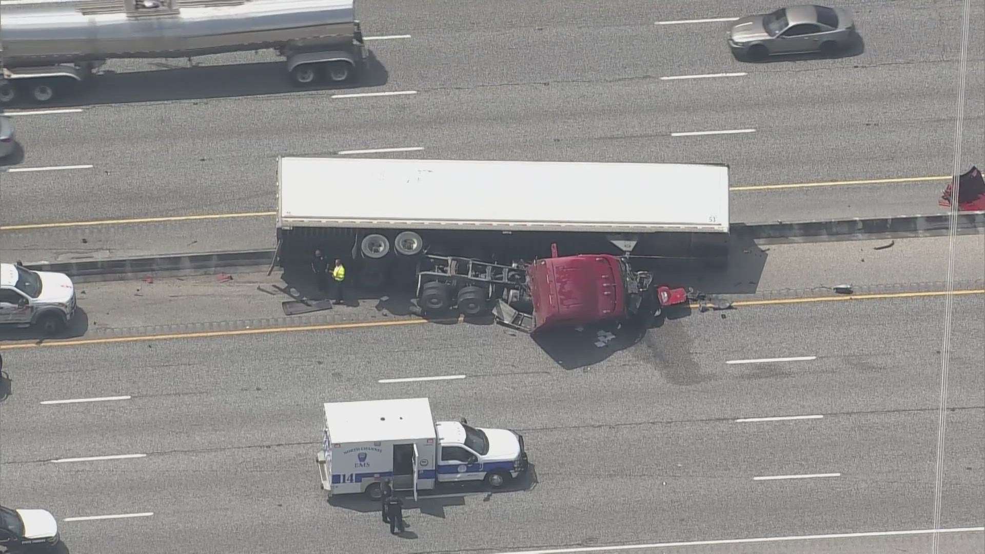 The East Freeway is shut down heading inbound due to a jackknifed 18-wheeler crash, according to Houston Transtar.