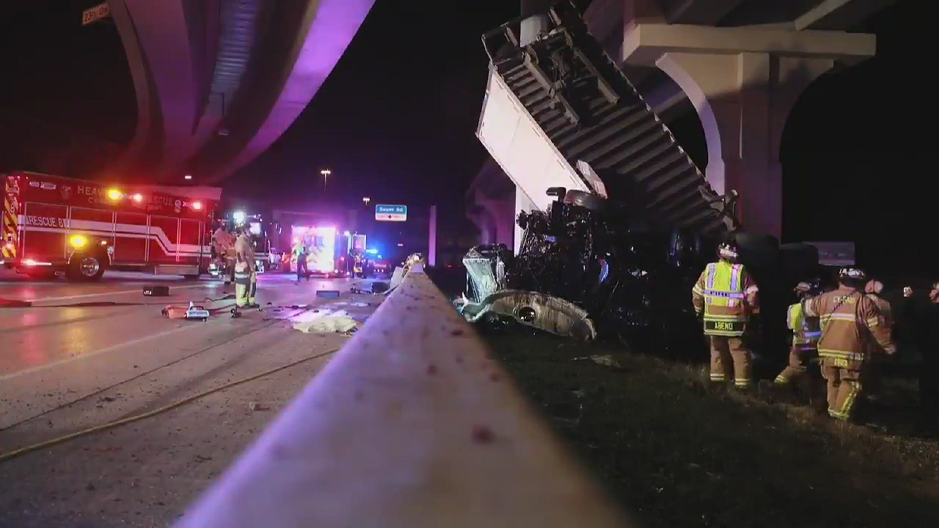A big rig driver was critically hurt when their vehicle fell from an overpass in the Cypress area early Thursday morning, tweeted the Cy-Fair Fire Department.