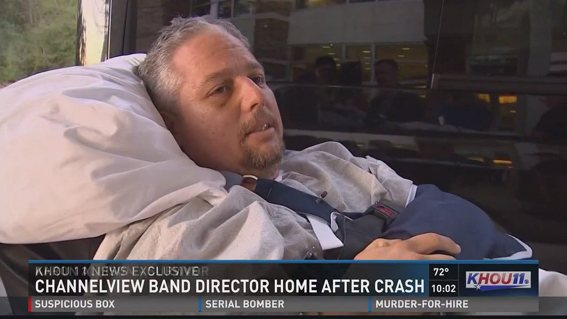 Channelview High School's band director is back in Houston nearly a week after he was seriously injured in a bus crash in Alabama.