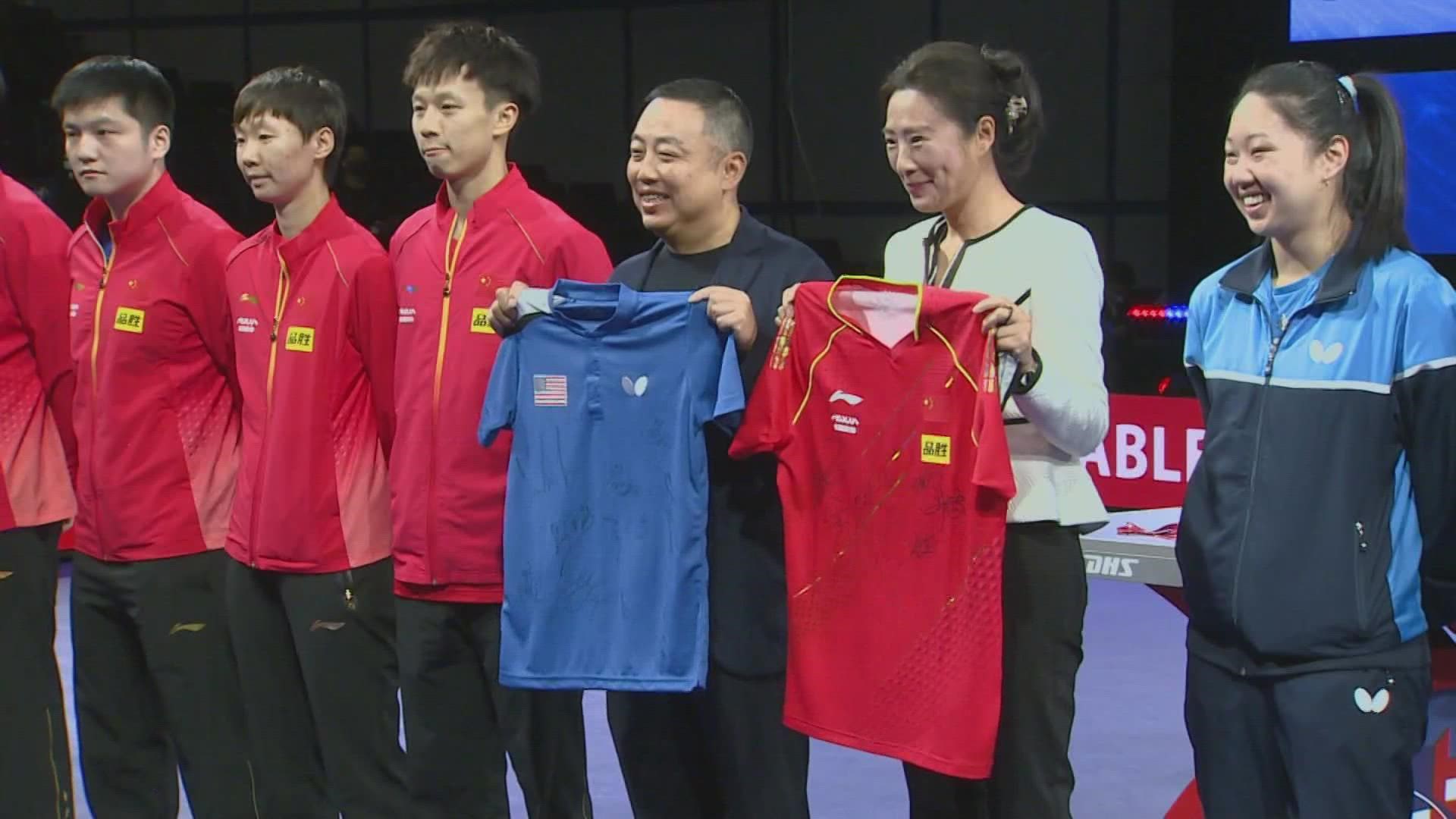 Two pairs formed of both American and Chinese players entered the Mixed Doubles competition on the 50th anniversary of Ping Pong Diplomacy.