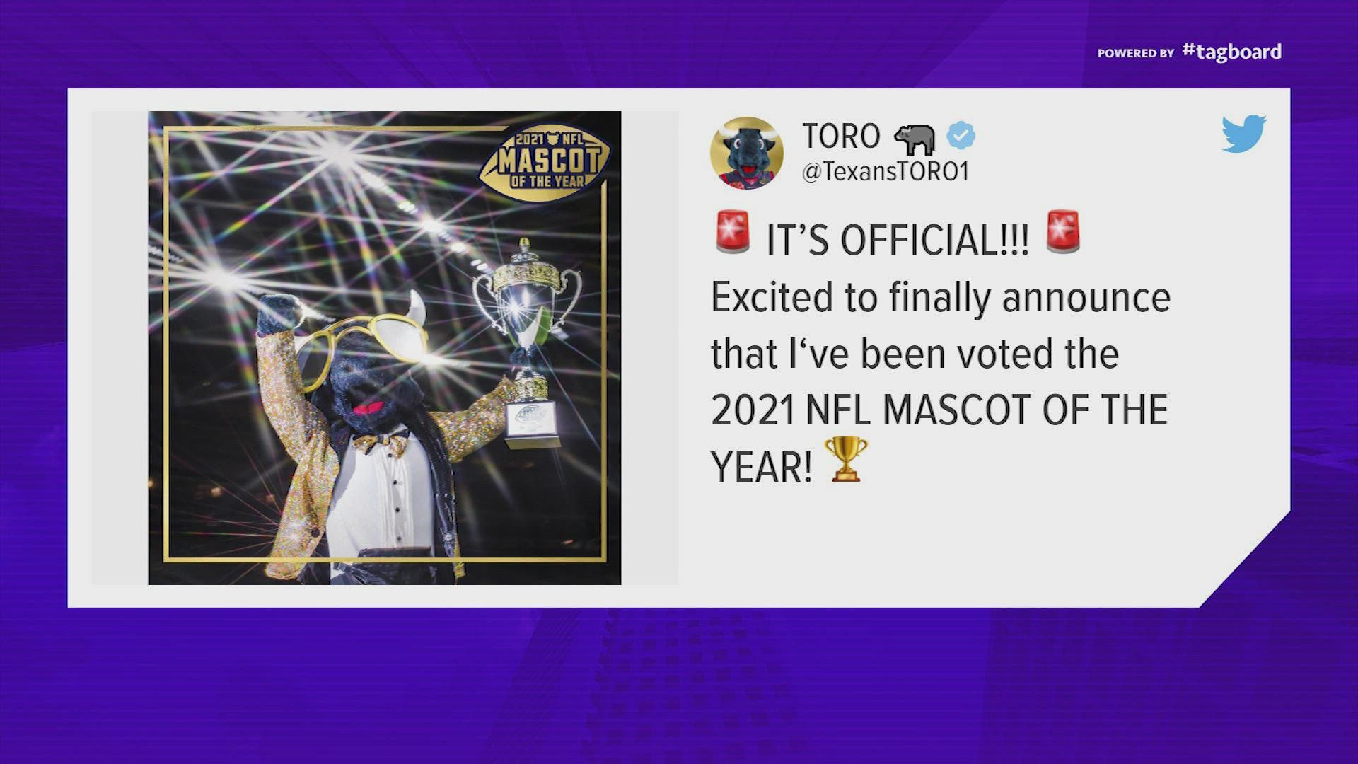 The Houston Texans' mascot Toro was named NFL's ascot of the Year for 2021.
