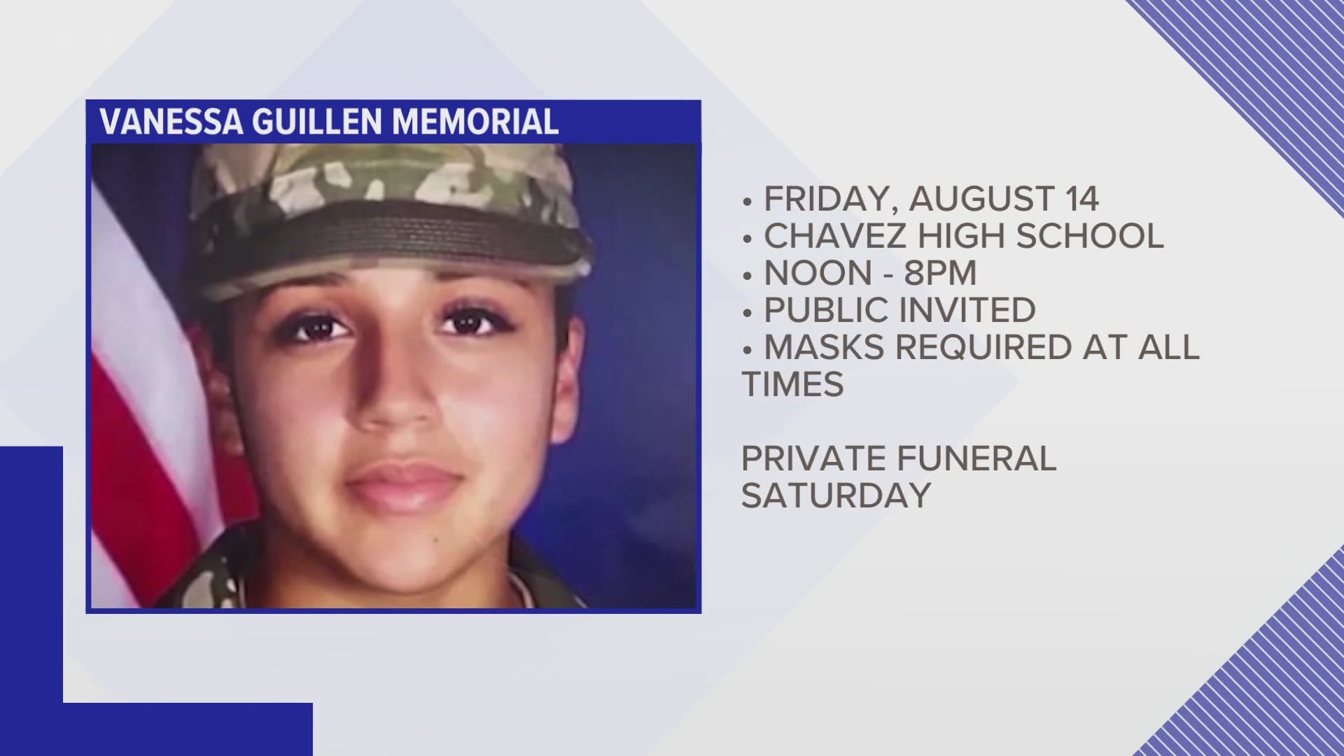 Vanessa Guillen's public memorial will be held in Houston at Chavez High School on Aug. 14 from noon until 8 p.m.