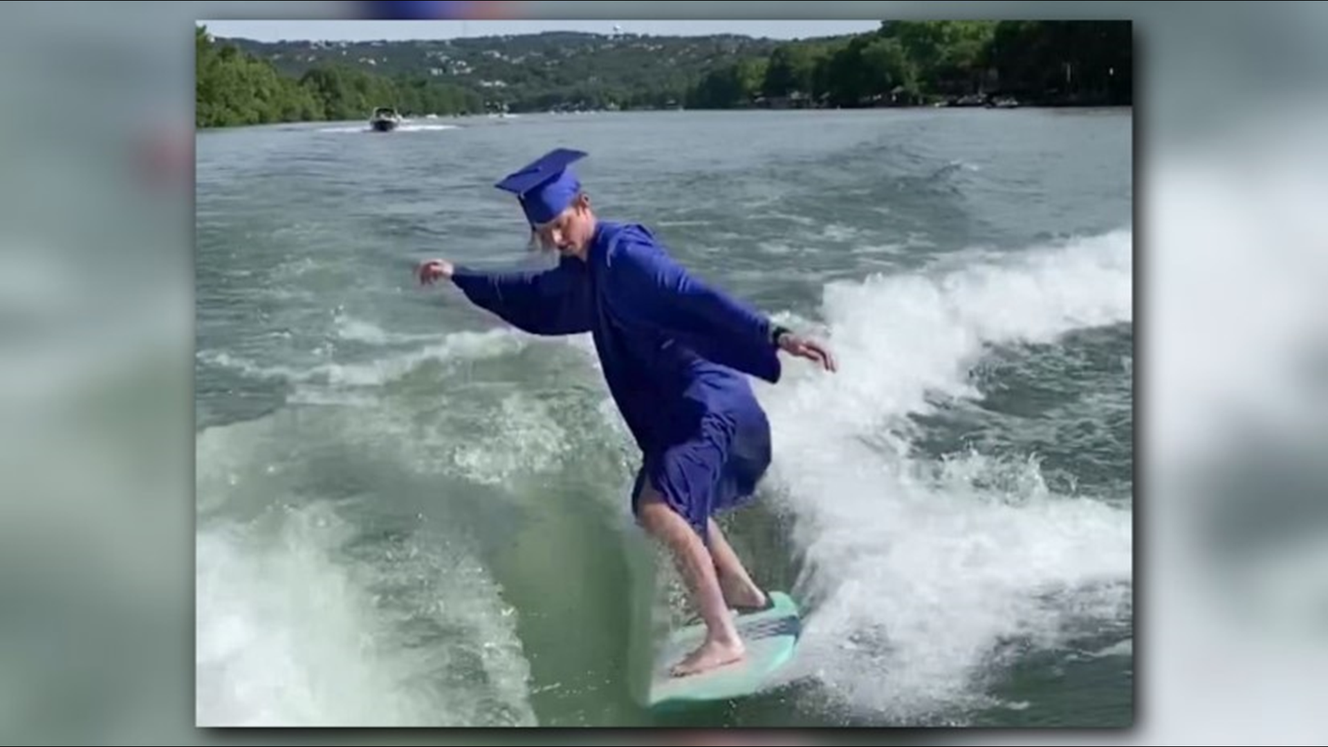 Jack Crawley celebrated graduation by wake surfing in his cap and gown. He and his twin sister Ally graduated from Austin's Westlake High School.