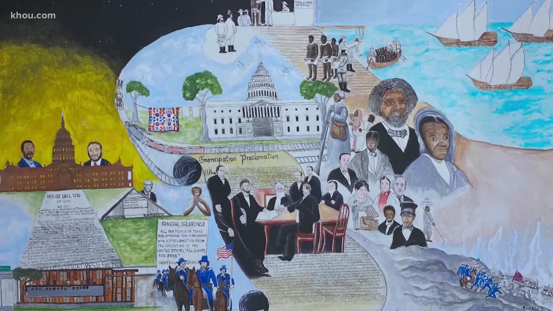 Moses Adams Jr. worked hard to create a 4-foot by 6-foot mural which celebrates the end of slavery in the United States of America.