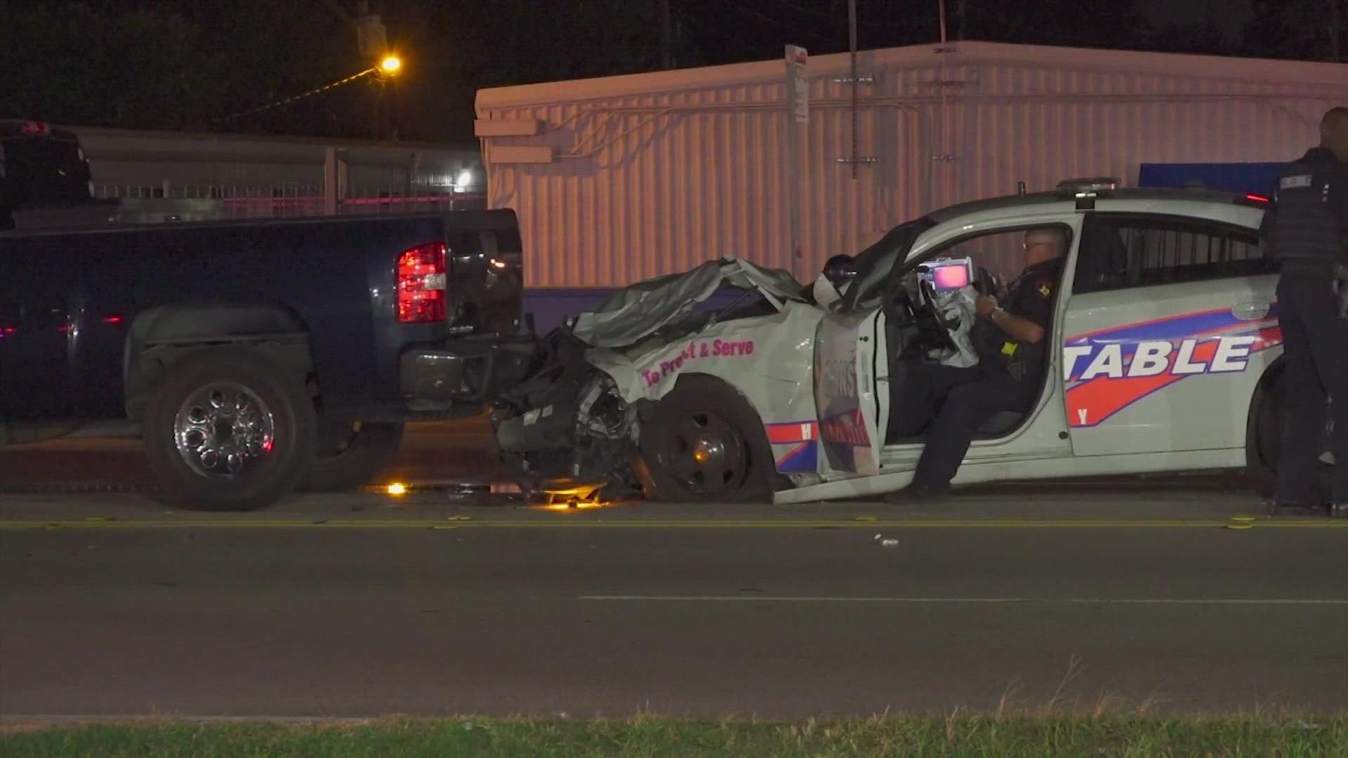 One person was transported after a collision involving a Harris County deputy constable responding to a call Friday evening.