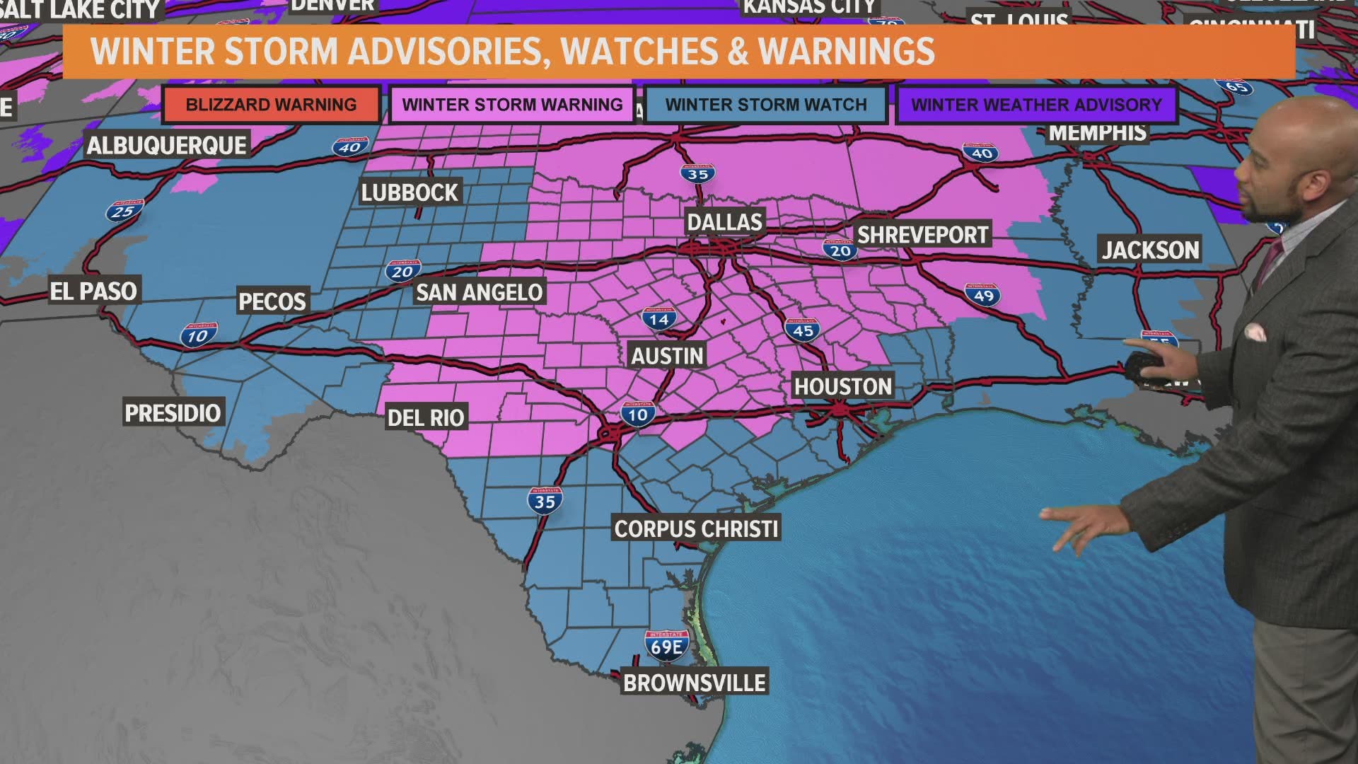 Several counties north and west of Houston will be under a Winter Storm Warning starting Saturday night. Some of those counties could get a few inches of snow.