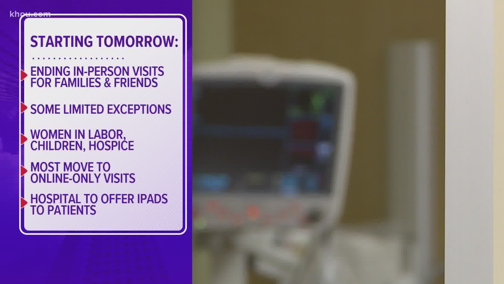 Starting Thursday, Memorial Hermann Health System is ending most in-person visits for patients’ families and friends until further notice.