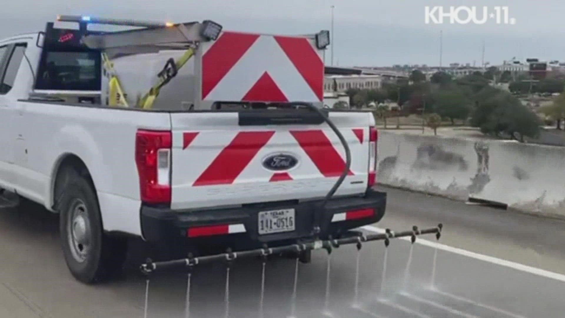 TxDOT crews are pretreating bridges and overpasses across the Houston area -- just in case they get slick from the cold rain and possibly sleet.