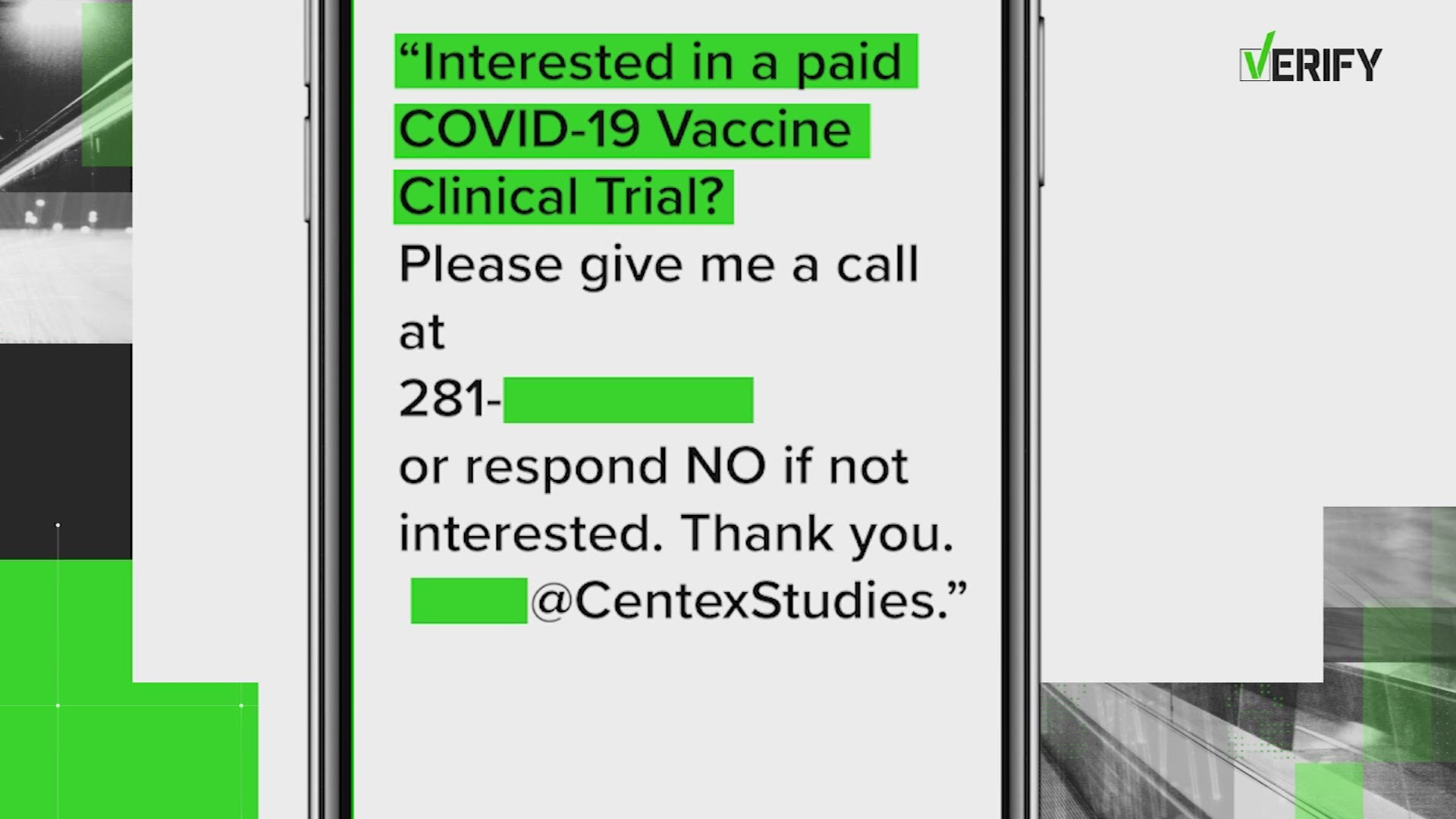 The text reads, “Interested in a paid COVID-19 vaccine clinical trial?” There’s a telephone number and email to contact someone at Centex Studies.