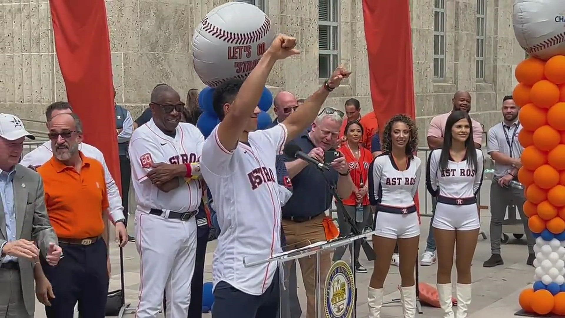 The crowd gathered in front of City Hall chanted "Pena, Pena" when the rookie shortstop took the stage. He told them, "H-Town country, let's ride!"