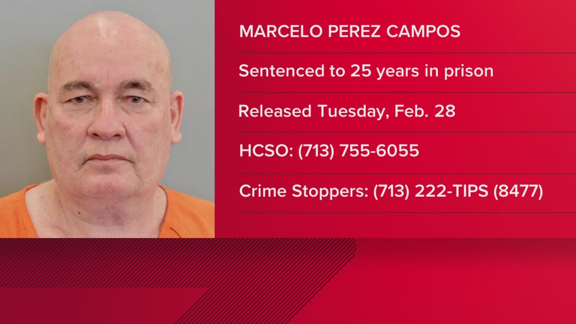 Marcelo Perez Campos was released by mistake, according to the sheriff's office. He had been sentenced to 25 years for assault of a family member.