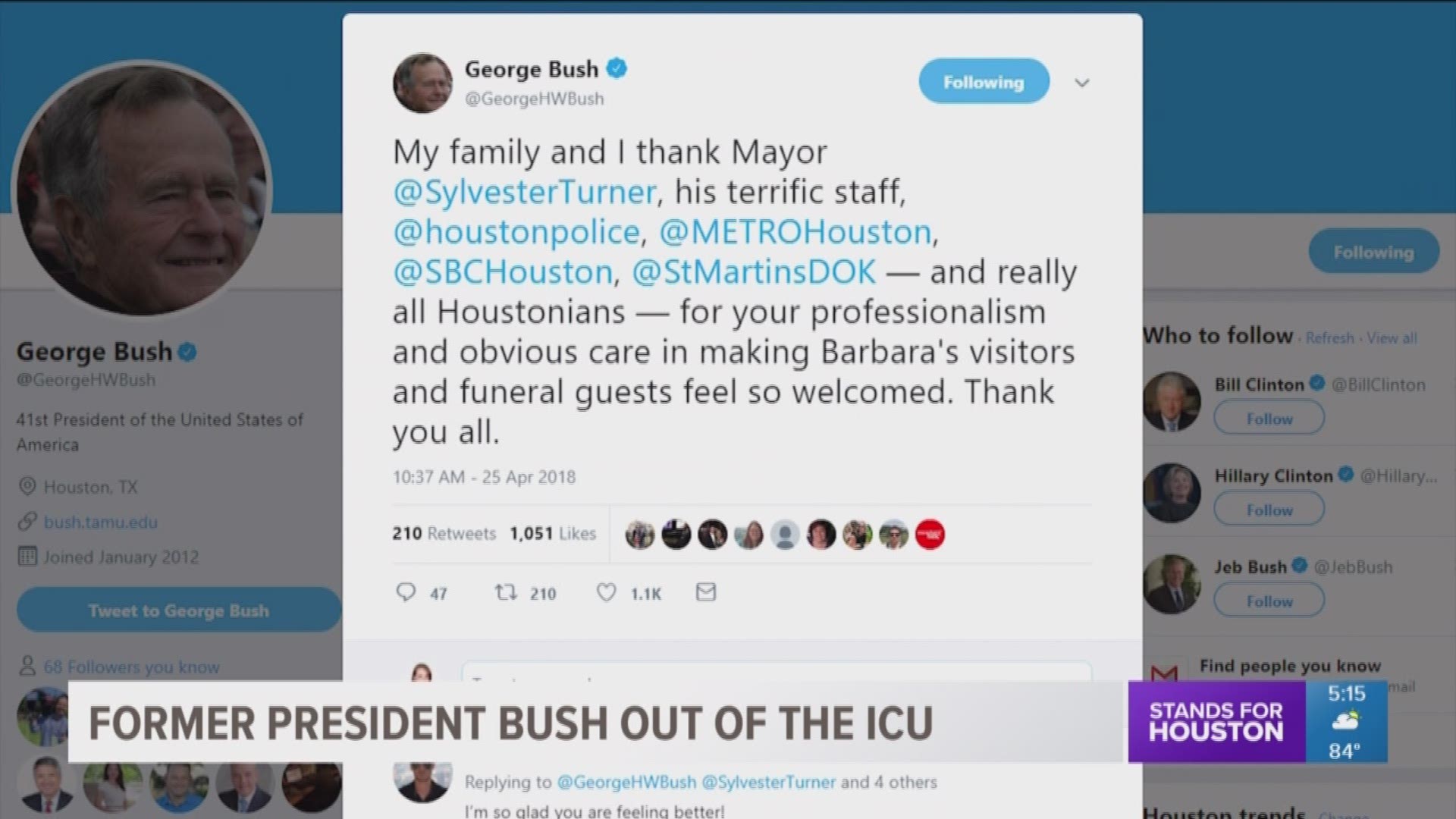 A spokesman for George H.W. Bush provided an update on the former President's health Wednesday afternoon.