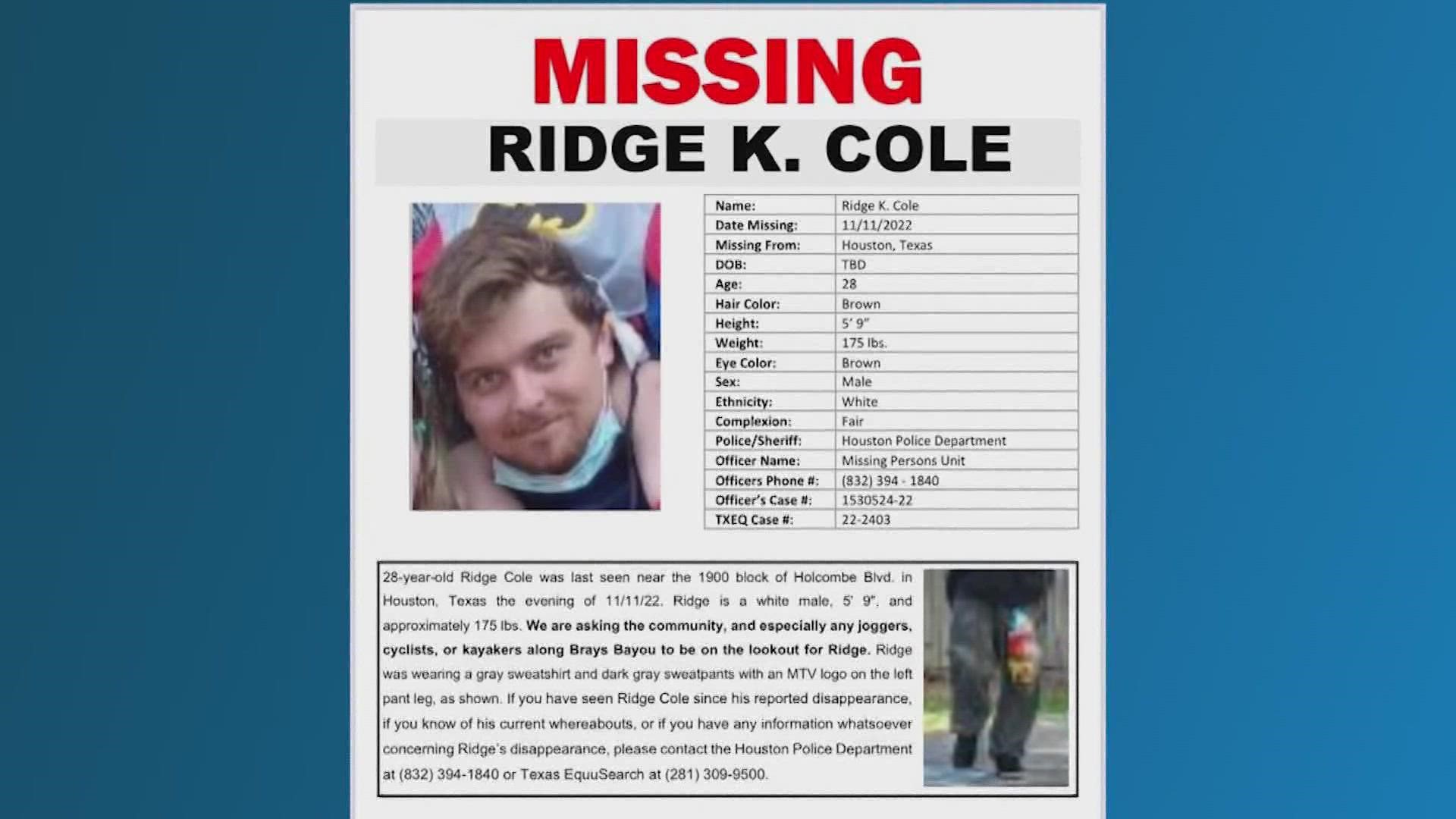 Ridge Cole, 28, was last seen near Brays Bayou in the Texas Medical Center. "This is the most unreal thing," Shannon Foster, Cole's aunt, told us.