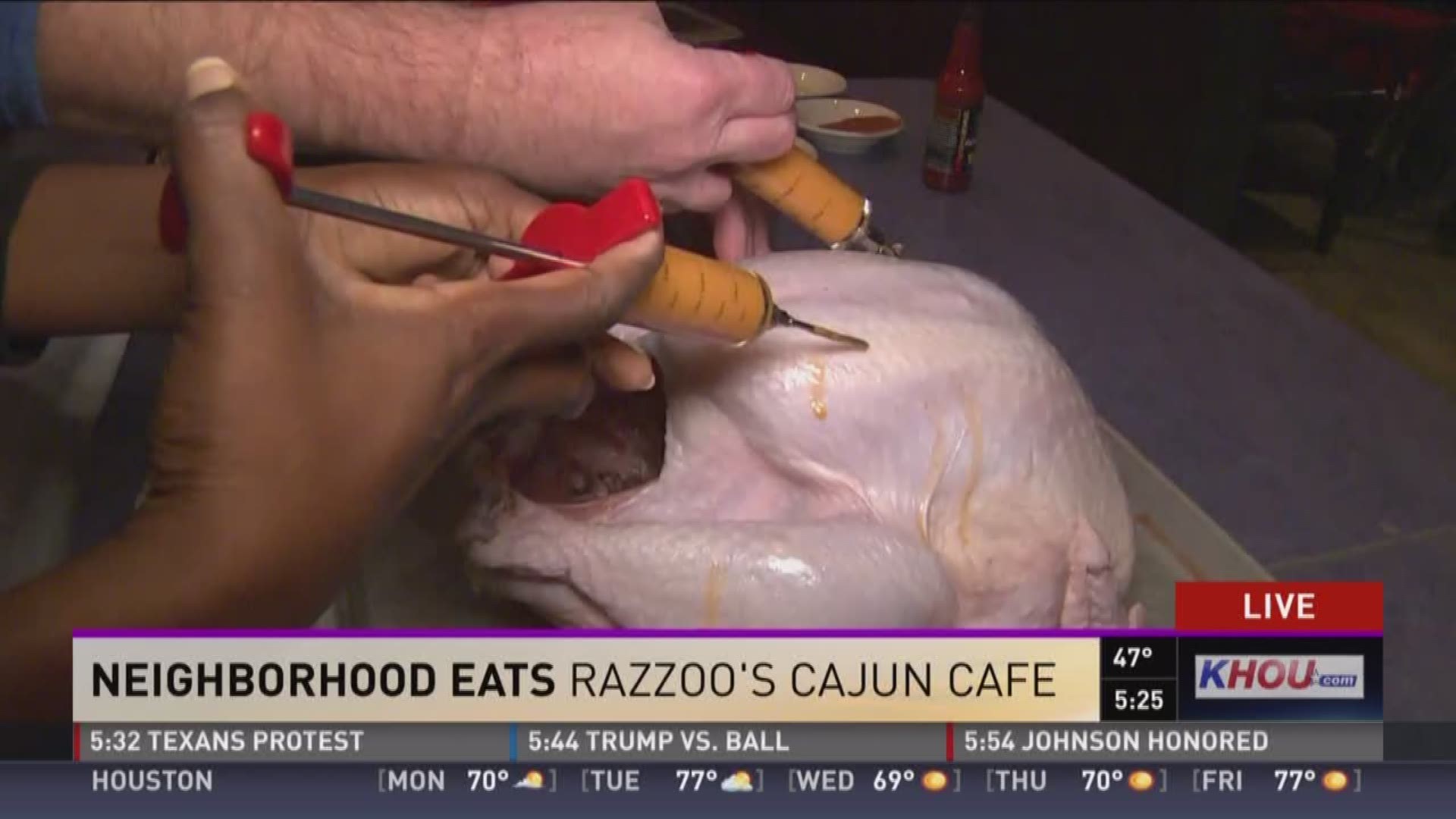 Sherry Williams went to Razzoo's Cajun Caf� in Spring to get tips on how to base a turkey for Thanksgiving dinner. 