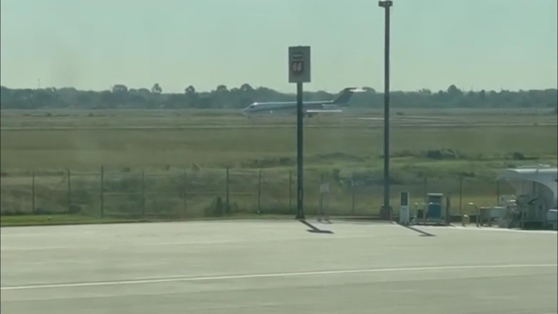 Video obtained by KHOU 11 shows a McDonnell Douglas MD-87 taxiing down the runway Tuesday morning seconds before a fiery plane crash that happened near Houston.