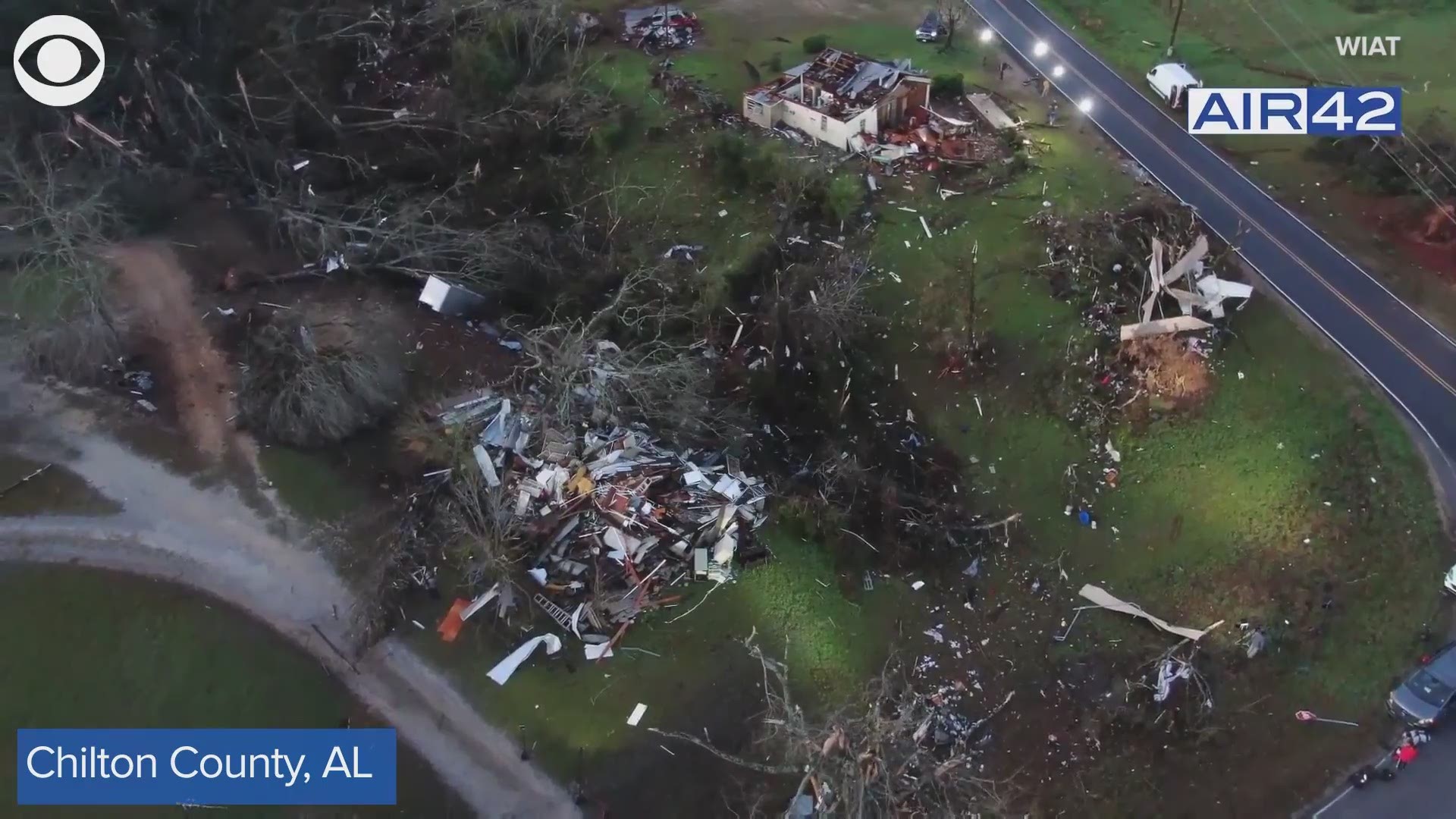 Drone footage shows some of the damage in Chilton County, AL after severe storms ripped through the area Wednesday (3/17).