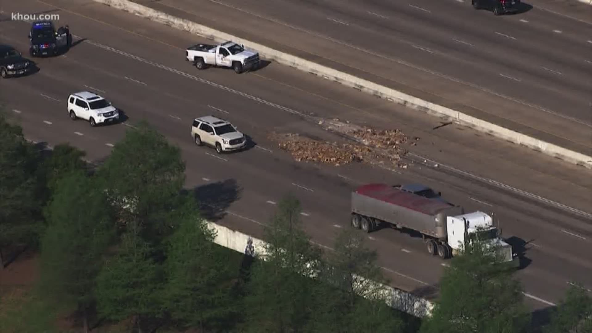 The Southwest Freeway is back open after crews cleaned up a scene where a truck accidentally spilled pig by-products Tuesday morning.