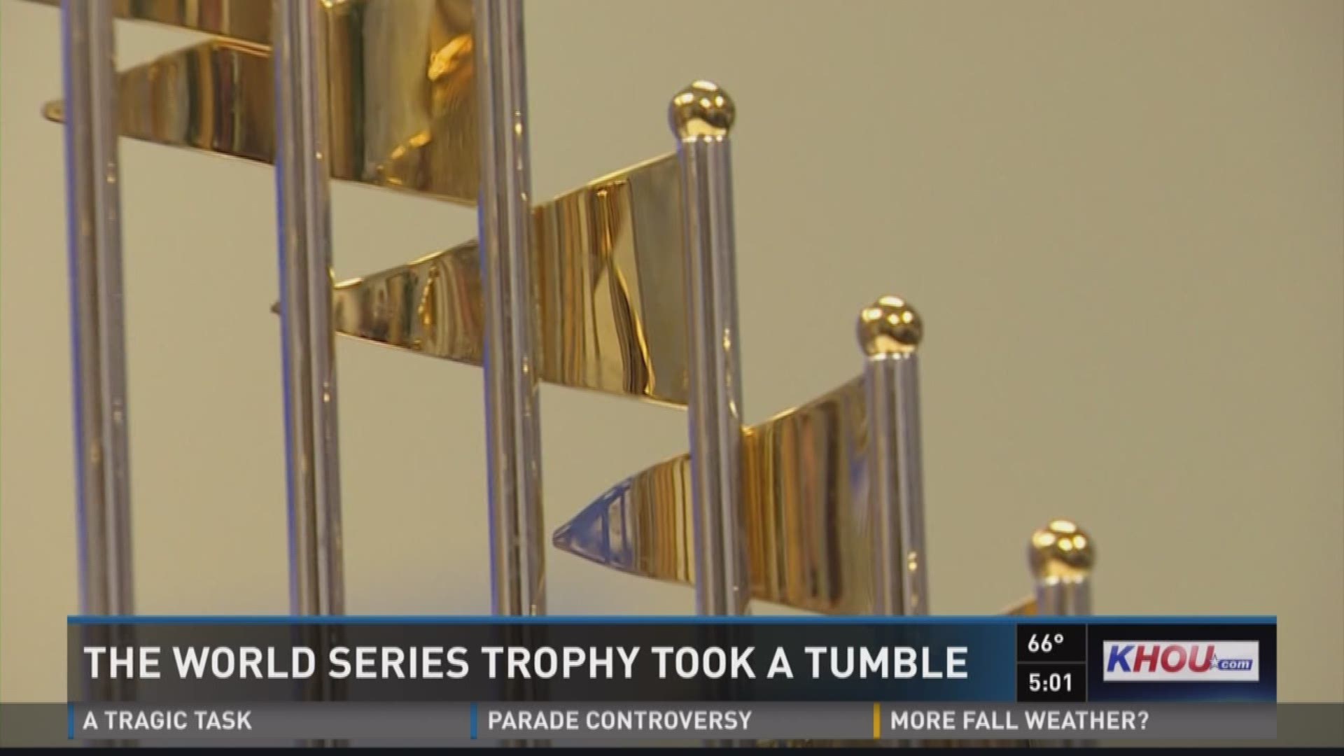 The trophy took a spill and was damaged at an exclusive men's-only event at the Houston Museum of Fine Arts Thursday night.