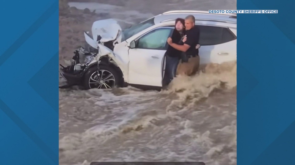 Video shows dramatic rescue after car crashes into flooded ravine ...