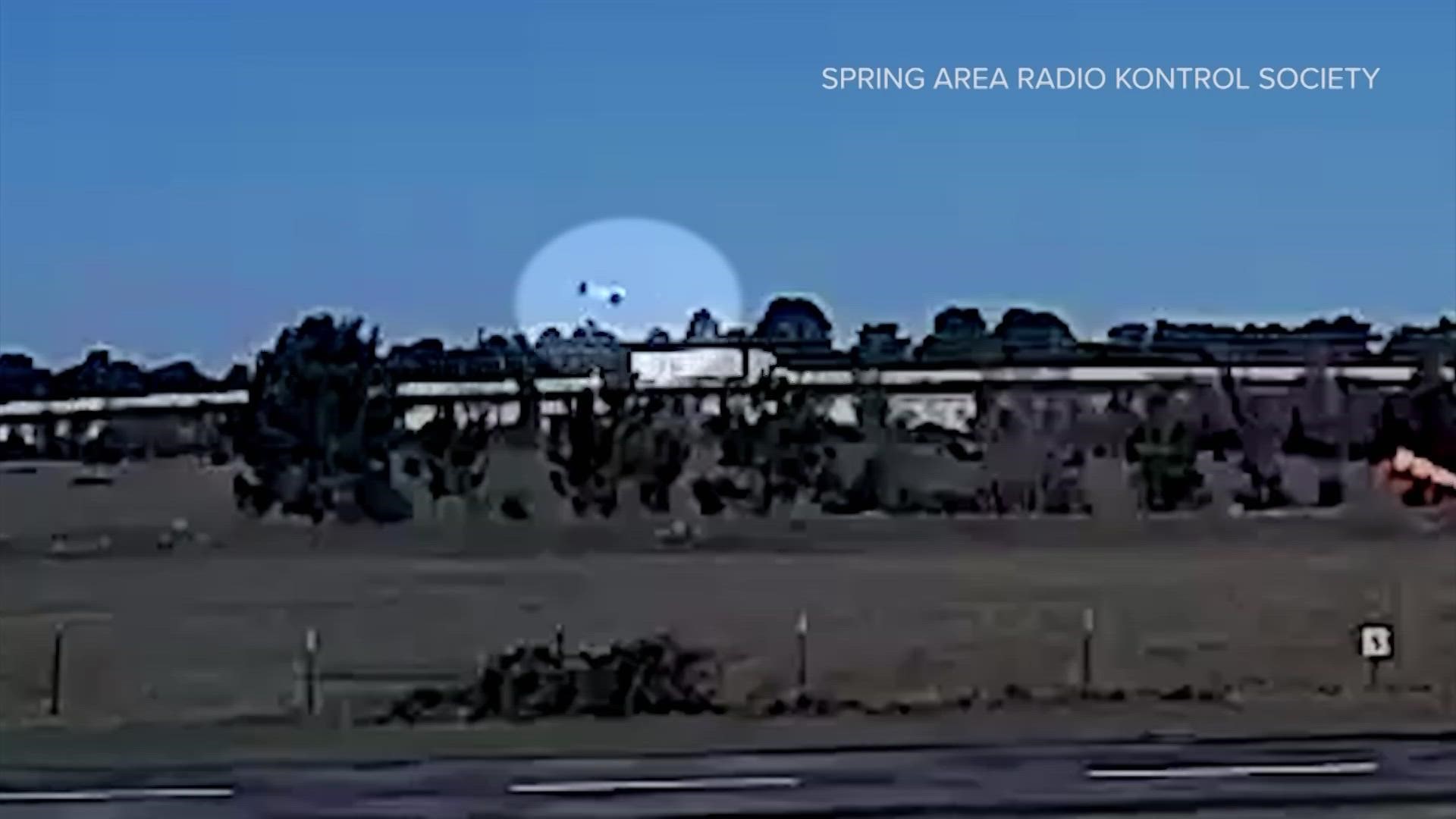 Spring Area Radio Kontrol Society captured video showing the plane coming in for a crash landing on the Grand Parkway last weekend. Everyone survived.