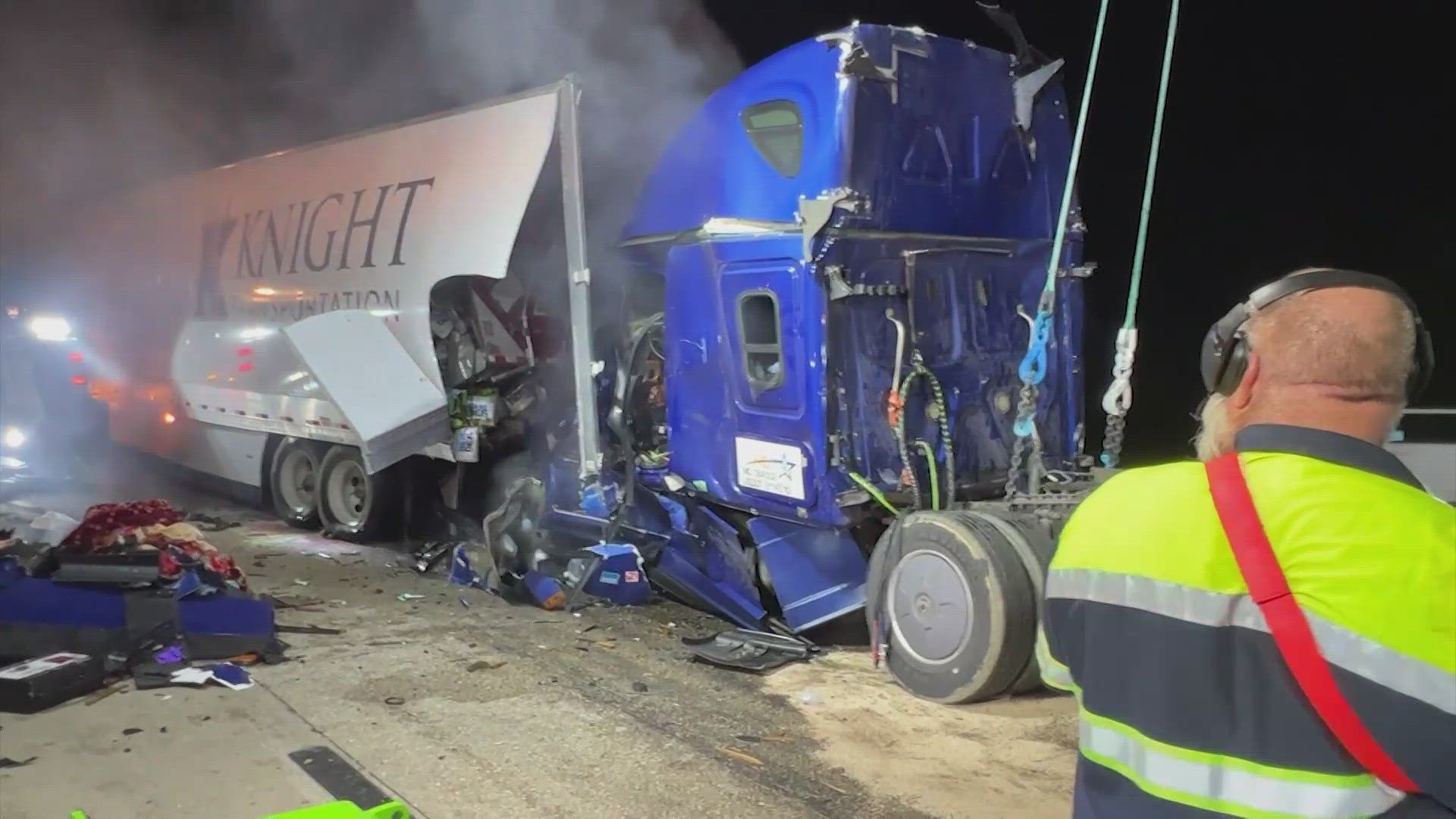 The Eastex Freeway is shut down heading inbound due to a crash involving two 18-wheelers early Friday morning, according to Houston Transtar.