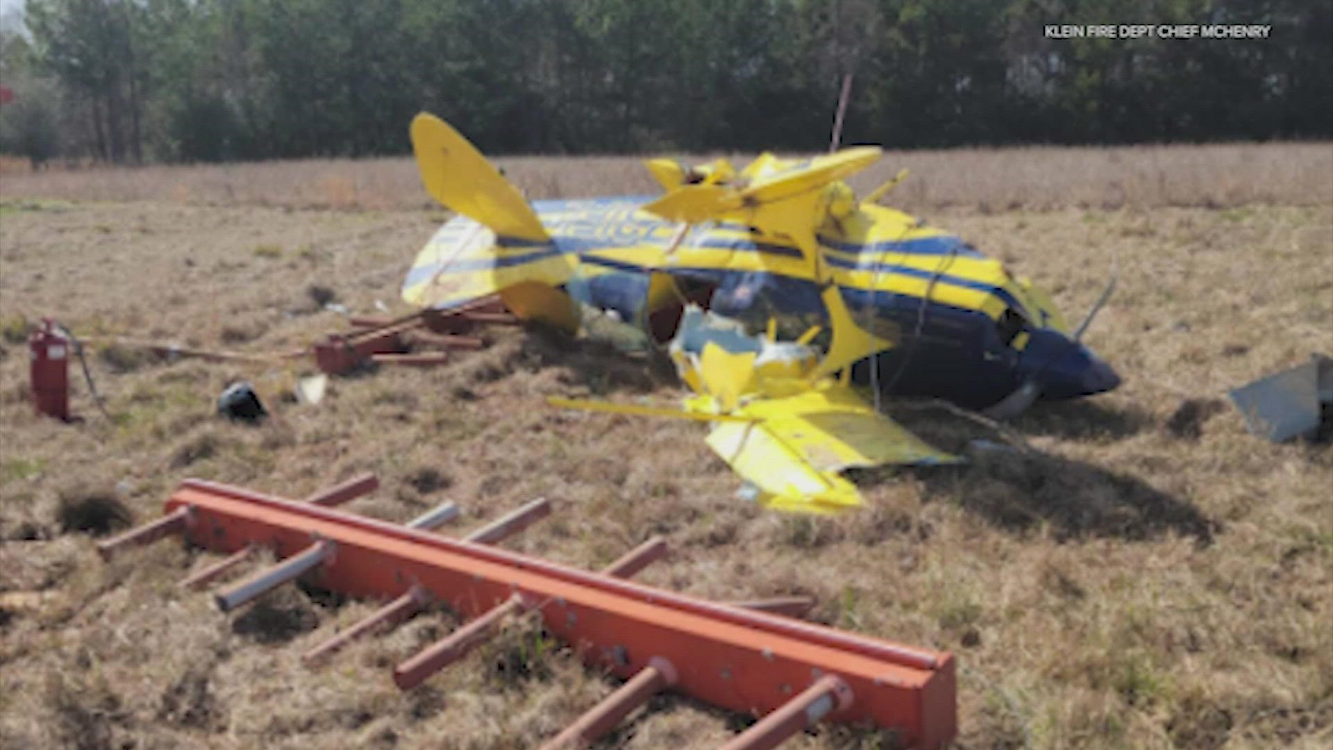 The plane was heavily damaged in the crash. The pilot was taken to an area hospital with non-life-threatening injuries, according to authorities.