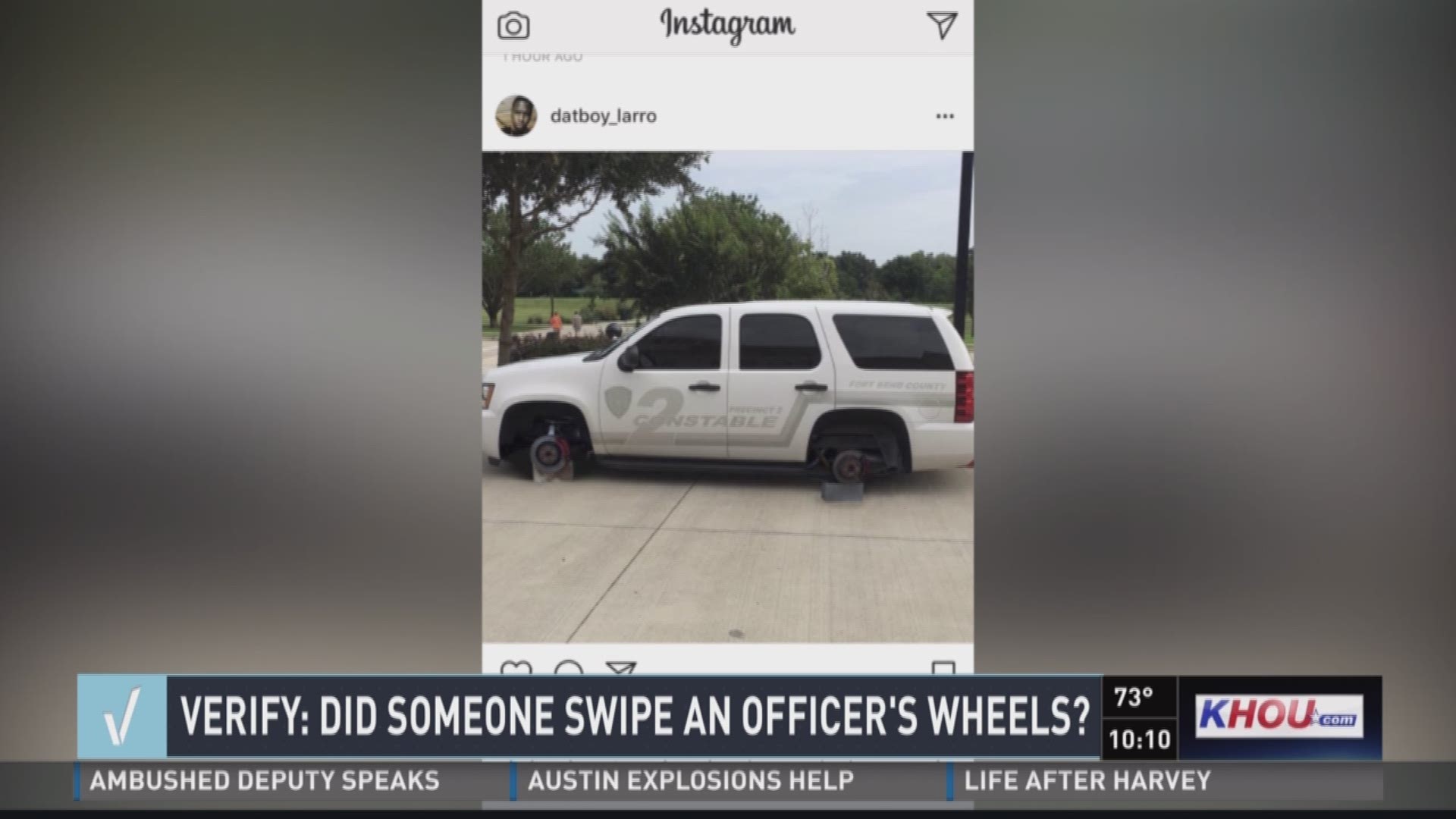 A photo showing a constable patrol's car with cinder blocks popped up on social media. But is it real? Our Verify team takes a look.