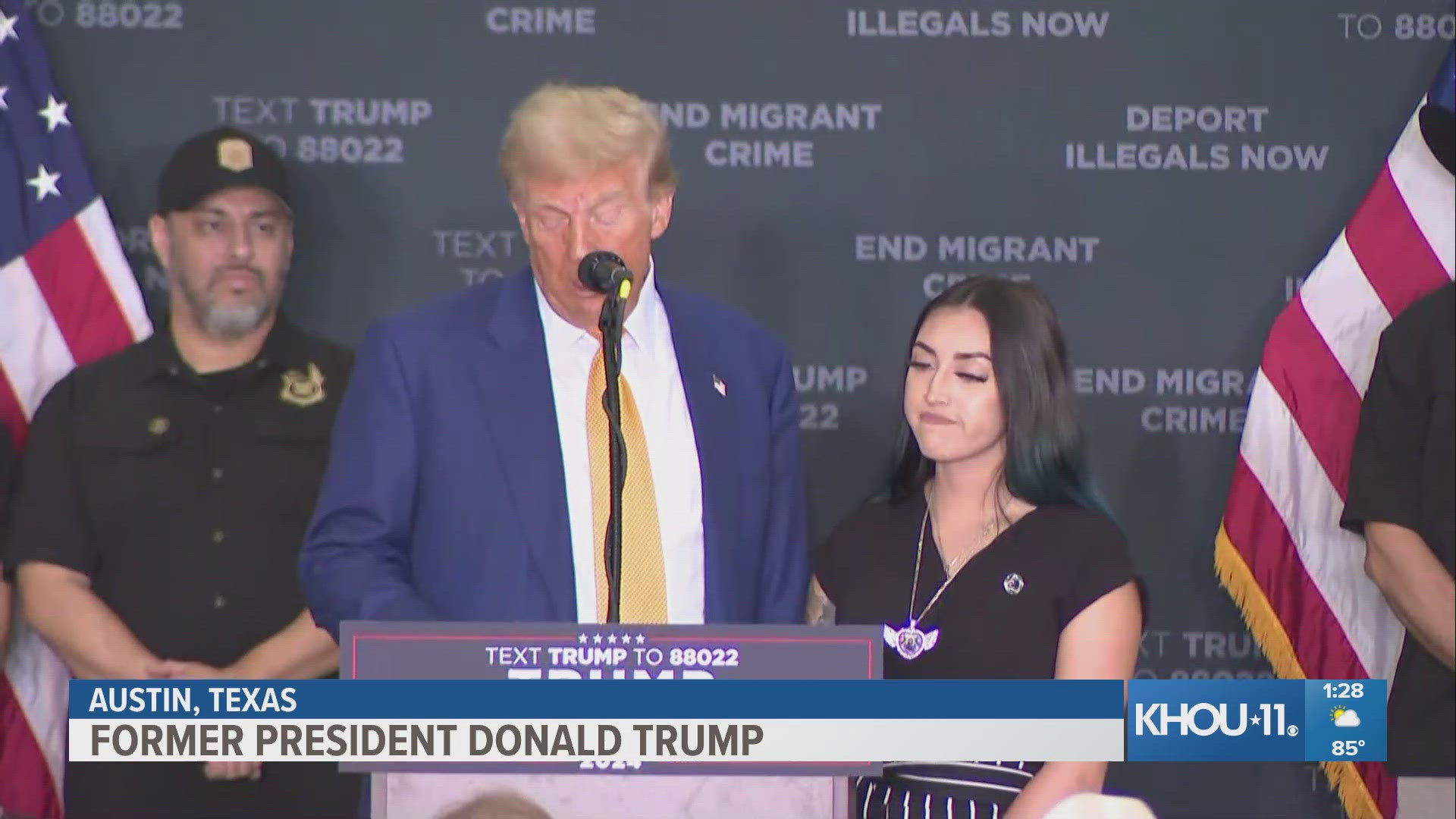 The mother of a Houston girl investigators say was murdered by two undocumented immigrants joined former President Donald Trump at an event in Austin on Friday.