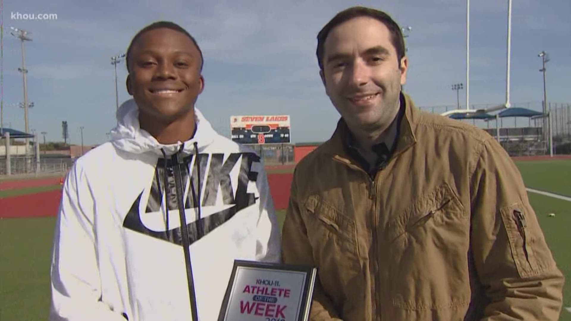 KHOU 11 Sports reporter Daniel Gotera is with the KHOU 11 Athlete Of The Week, Seven Lakes High School track and football star Lance Broome.