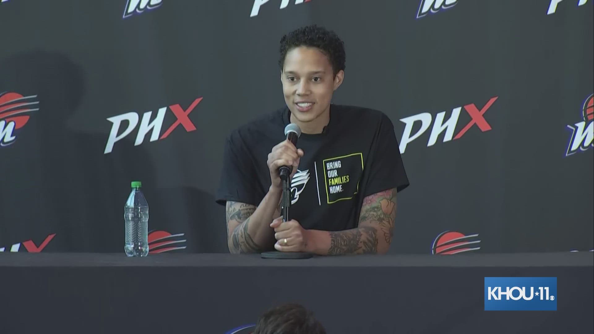 Griner had to pause and compose herself while speaking to reporters for the first time since a nearly 10-month detainment in Russia on drug-related charges.