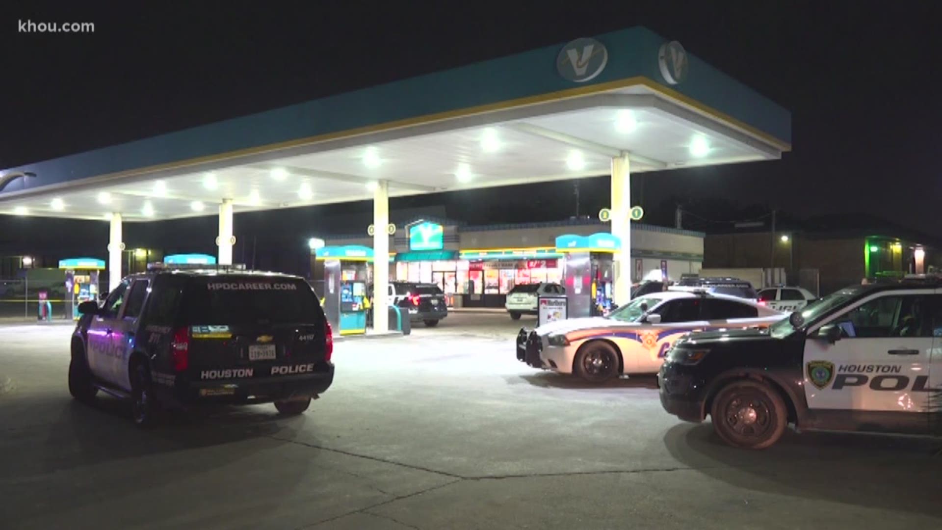 An off-duty deputy who was still in uniform shot one of three robbery suspects during an armed robbery at a gas station.