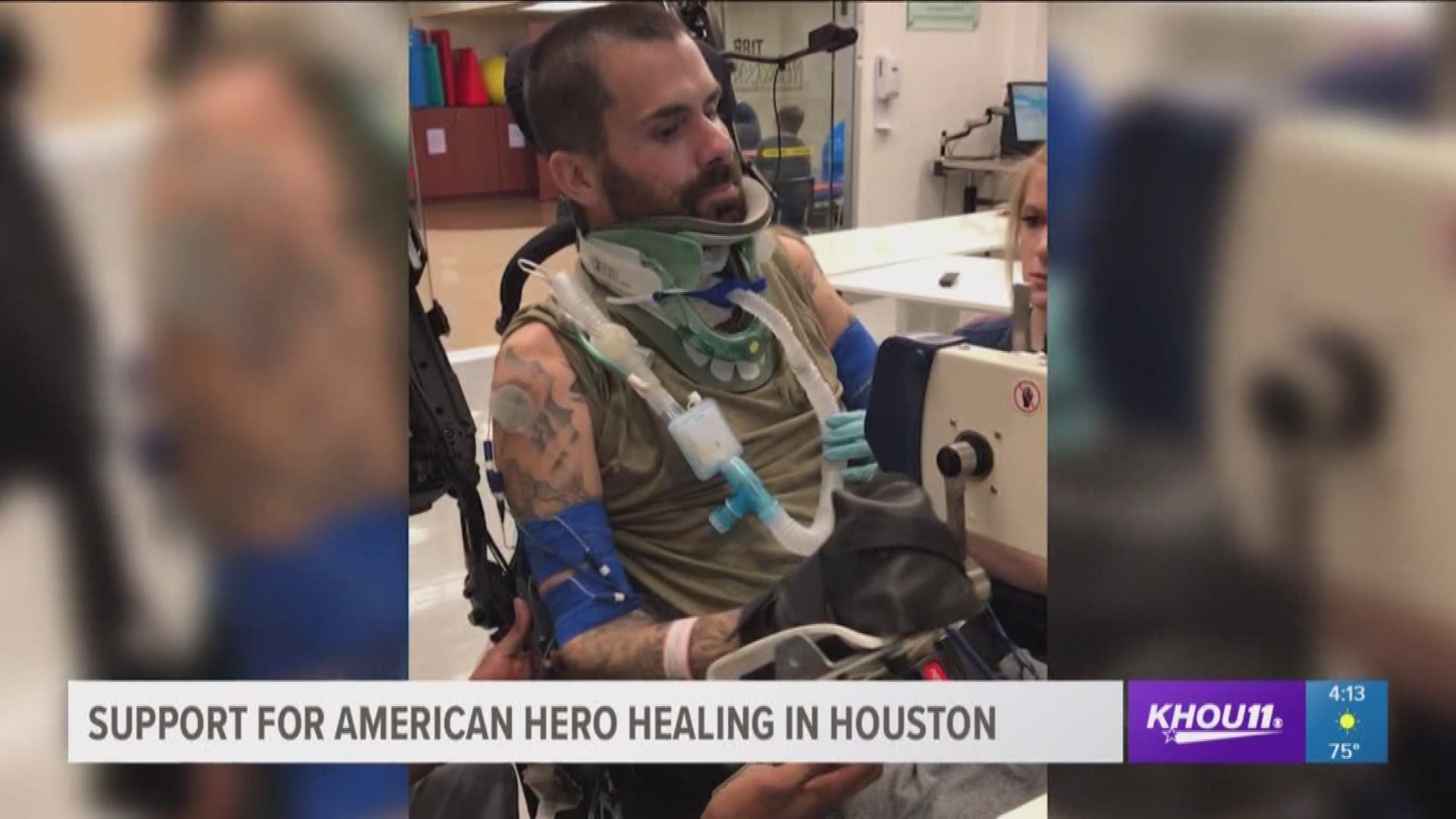 The man is an American hero. He nearly lost his life when he was clearing explosives from a hospital in Syria. Now, he's recovering here in Houston. 