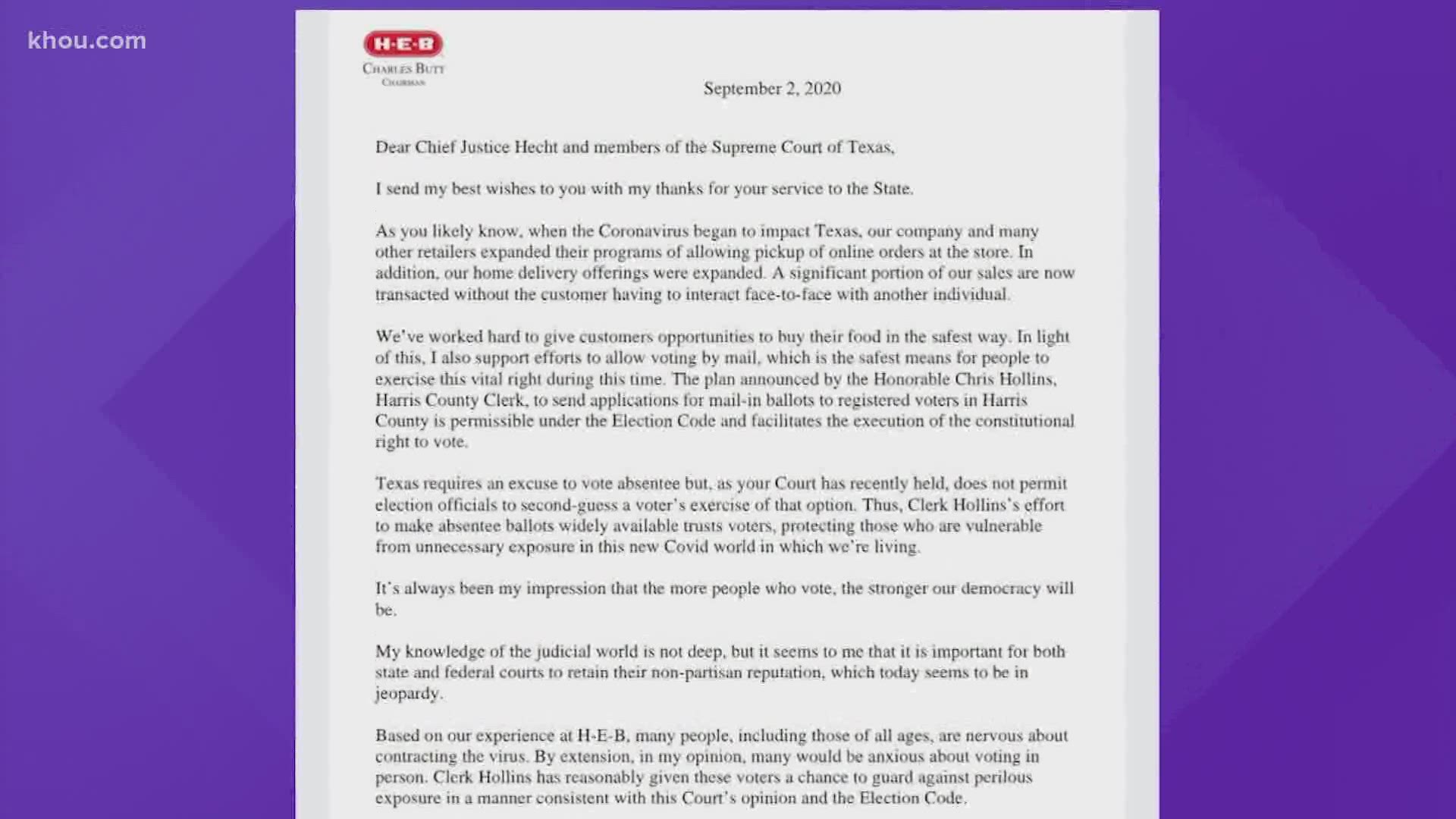 H-E-B CEO Charles Butt is siding with the Harris County clerk's attempt to send mail-in voting applications to all 2.4 million registered voters in the county.