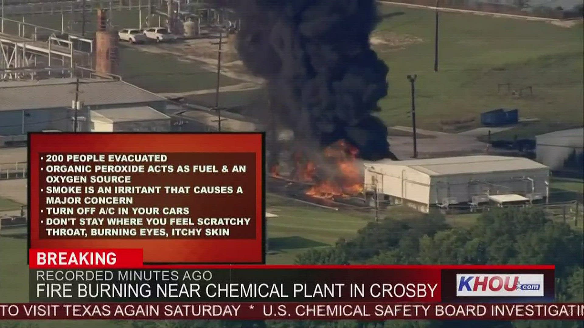 Massive flames engulfed the Arkema chemical plant in Crosby on Friday evening, sending irritating chemicals into the air. Officials say more explosions are likely.