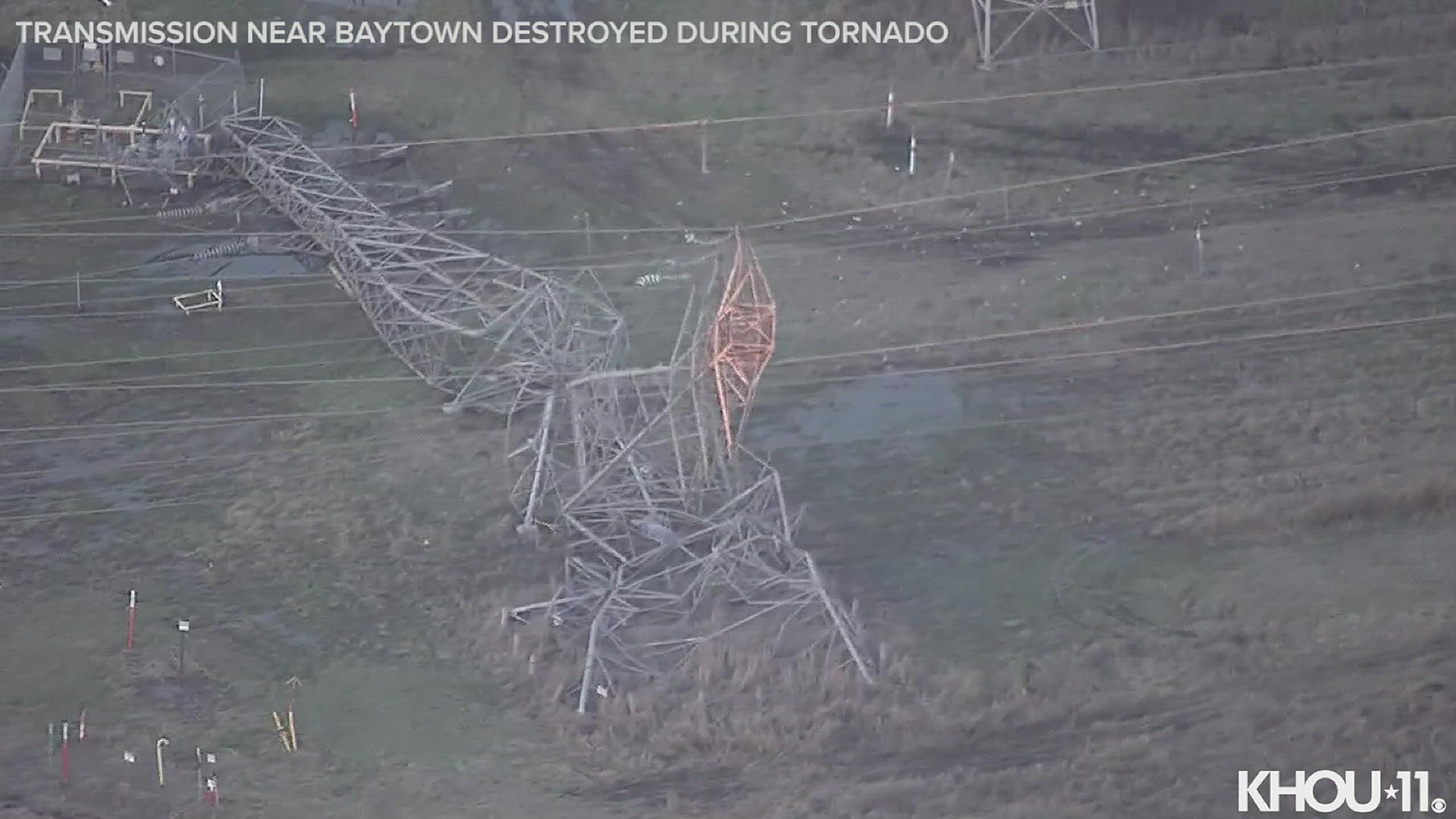 A transmission was destroyed near Baytown on Tuesday, Jan. 24 during severe weather.