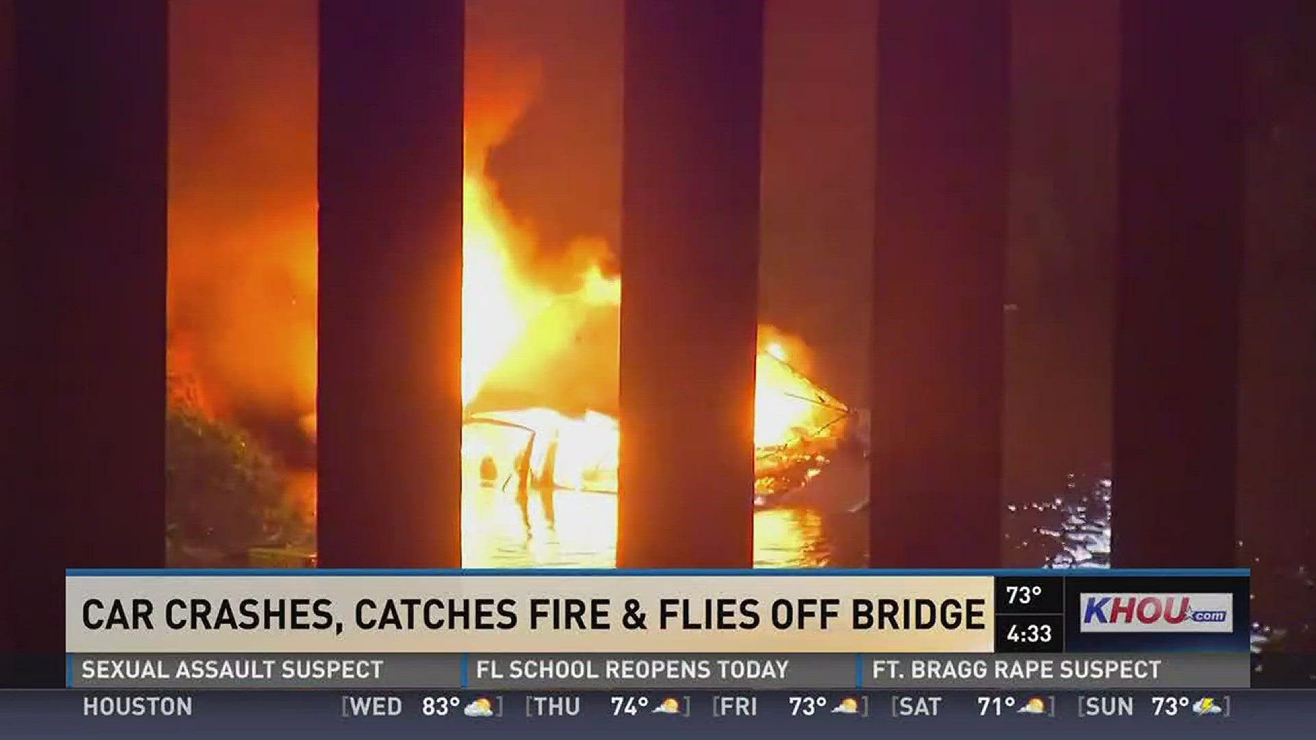 The suspect came to a slight curve in the road and stuck the barrier of a bridge over a bayou. The vehicle flew into the bayou and burst into flames. KHOU 11's Michelle Choi reports.