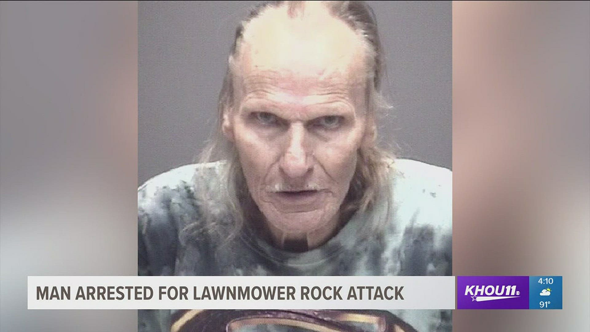 A man in Galveston County was arrested for attacking his roommate's ex husband by using his riding lawn mower to throw rocks at the woman's ex and damage his vehicle.
