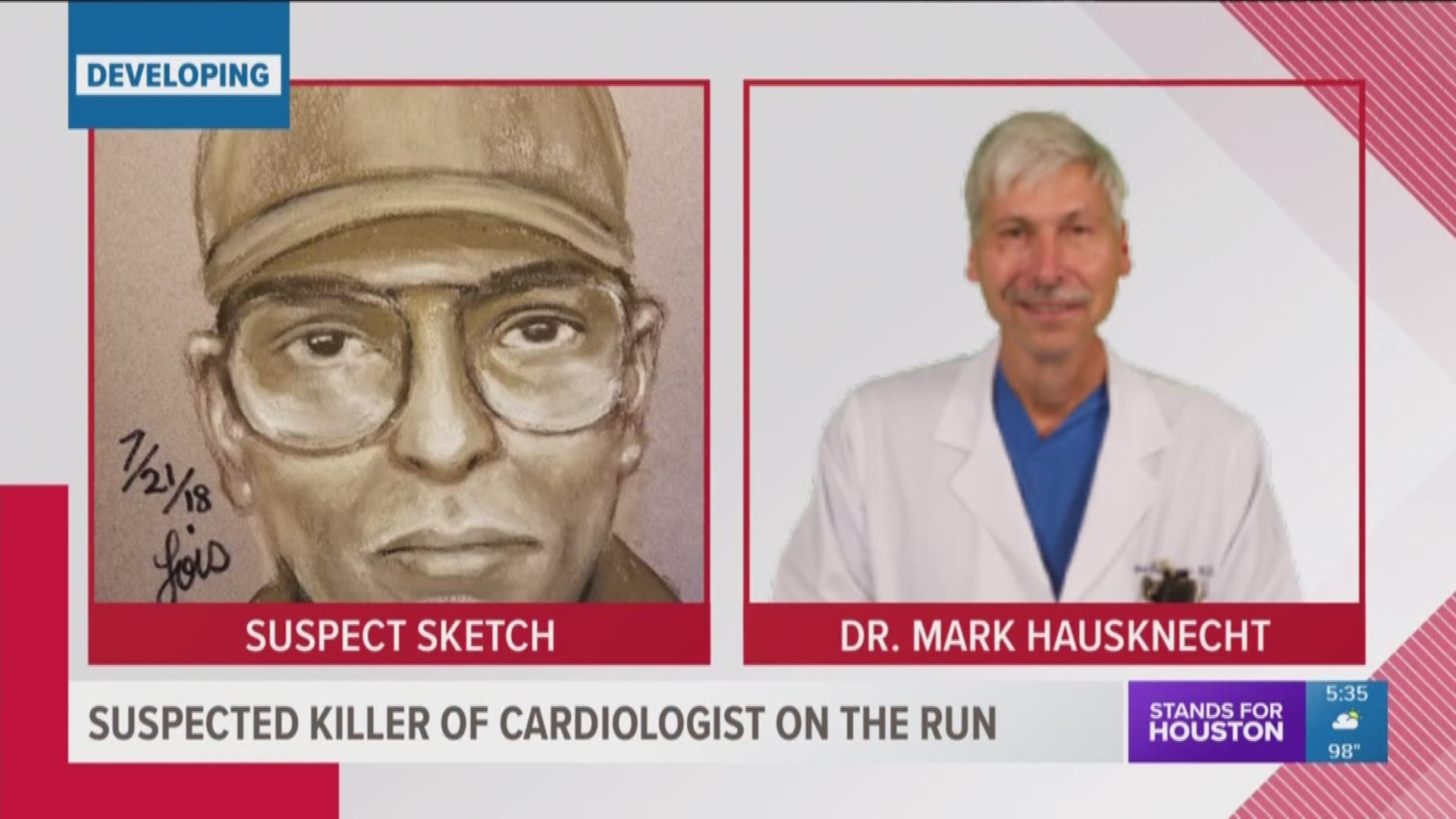 The killer of a Houston cardiologist is still on the run. Police released a sketch of the man they think got away on a bicycle after shooting and killing Dr. Mark Hausknecht.