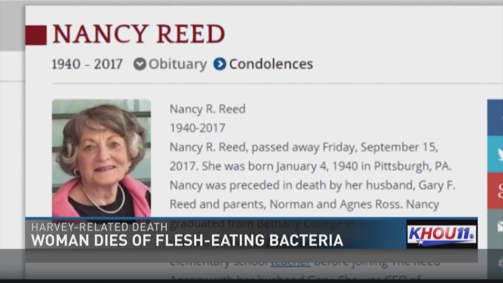 Nancy Reed, 77, died from flesh eating bacteria she contracted when she fell into floodwaters during Hurricane Harvey.